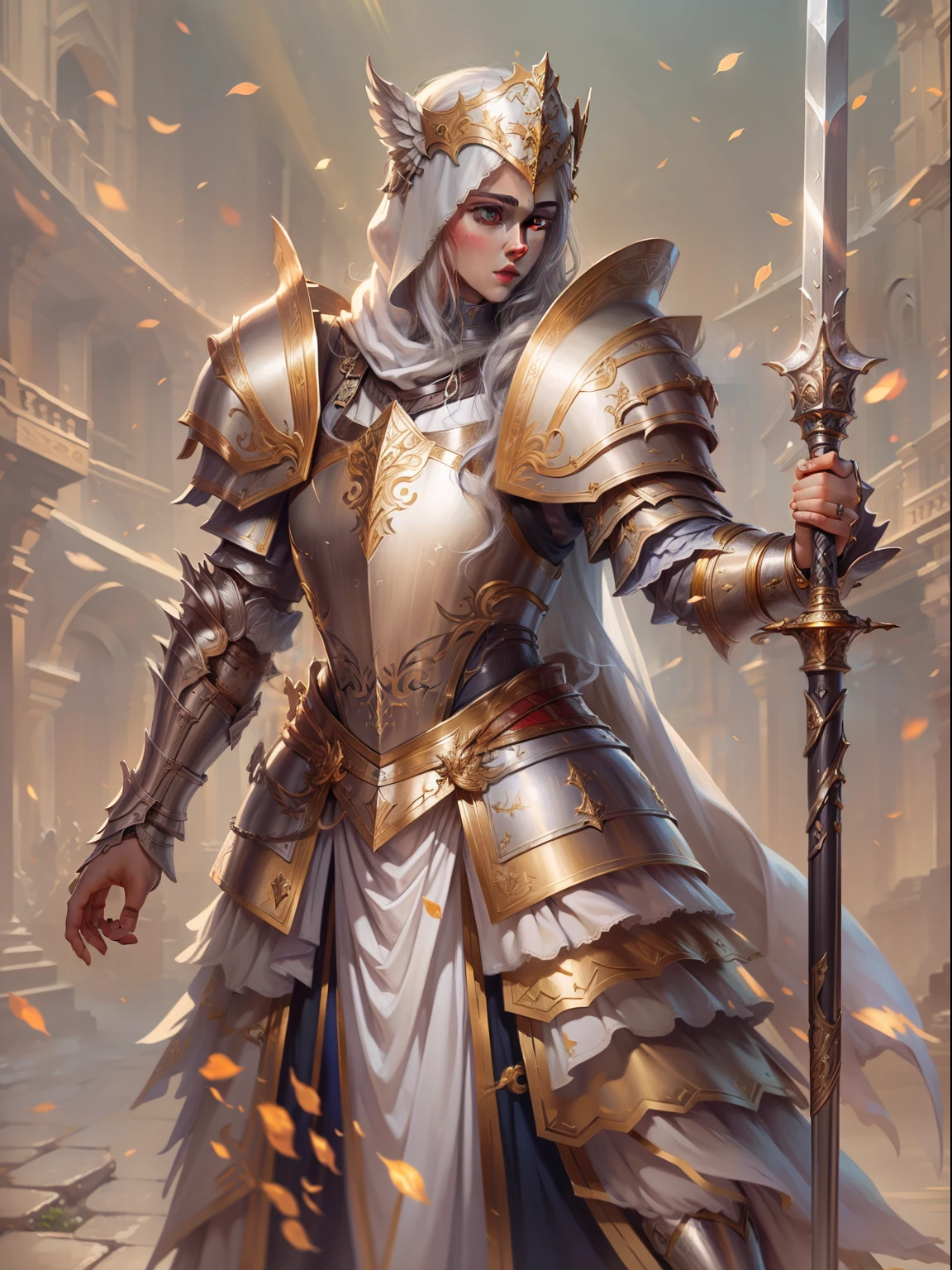 Look from the bottom up,low angle shot,Highly detailed portrait of Paladin Givel,Wear armor,shelmet,epee,big sword,Cross sword,sword,Silvertone,holy rays,god light,medieval times,Noble,setia,Servant of Jesus,Solemn,Gold accents,epic fantasy digital art,devout,Victorian style,tmasterpiece,8K,high definition resolution,Detailed detail drawing,high qulity,Inspired by Guinevere,author:John Collier