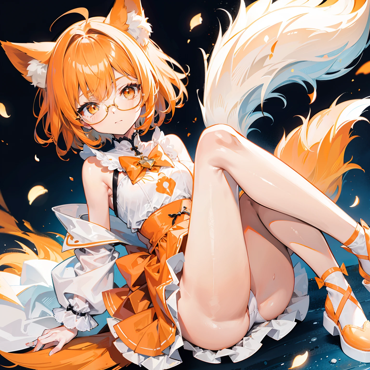 short detailed hair，Fluffy light orange，Wear a white and orange fluffy skirt，It has orange fox ears，Black extra-thick-rimmed glasses，Wearing knee-length white silk，panties visible,  This is a cute li girl