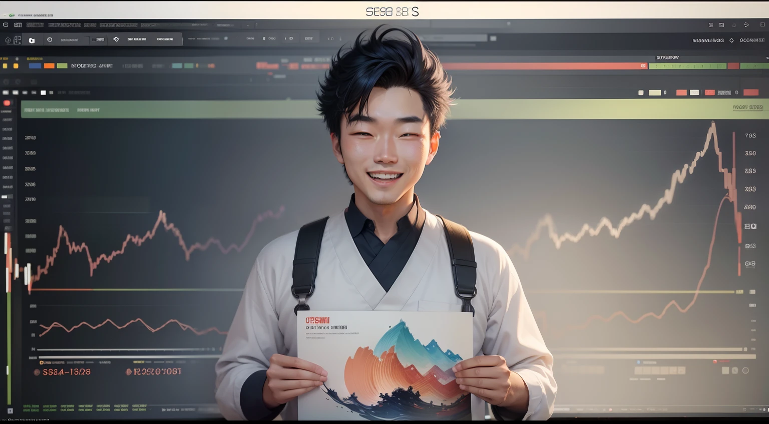 (Digital Painting)、(top-quality)、Man overjoyed in front of the big chart screen、Man with a big smile、Huge forex charts and index charts behind、Graph showing price movements、championship、trader、Currency chart monitoring、FX、exchange、Ukiyo-e Art Style、Hokusai's inspiration、Popular deviant art、8K Ultra Real、Pastel Color Schemes、Soft lighting、vibrancy、delight、Revelry、Carefree smile