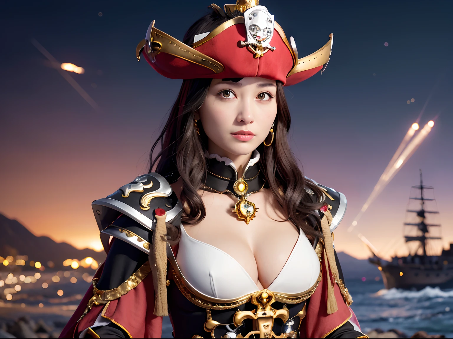 (masutepiece), Professional , masterpiece、top-quality、photos realistic , depth of fields (Gemstone Silver Metal Body:1.9),(Matte White、(Put on a pirate hat)、Jewel Gold Weapon(Jewel Metal Body:1.4),Gorgeous metal weapons , Detailed Sword of the Brave , Beautiful knife ,warhammer 40k , The port town、adepta sororitas,Detail and ornate jewel crown、Black hair、Gangle's forest background、Beautiful Caucasian beauty、1a person、dynamic ungle,(((Detailed and ornate diamond crown)))、Smaller head、A smile、Take a sexy pose、Background inside the castle、Thin and beautiful female hands、cleavage of the breast、Soldier in iron armor on background、Man soldier in iron armor on background、Sea view、Pirate Ship、Woman or stand in the center、Lots of pirate ships、Luminescent particles,light scattering,Tindall Effect