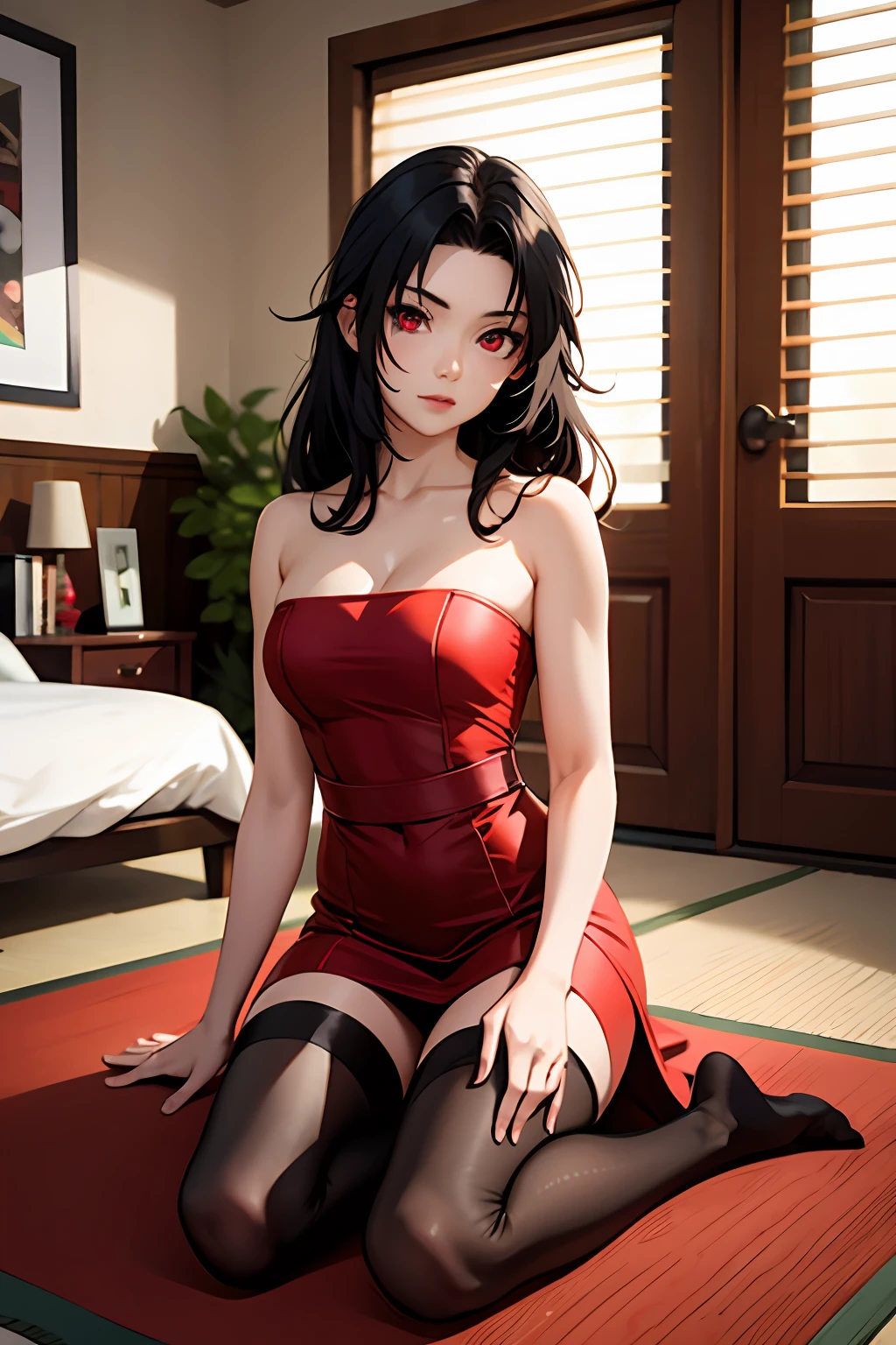 nar_kurenai_yuhi，Forehead protection，bandagens，red eyes，wariza，high-definition picture quality，Strapless dress，black lence stockings，inside in room，sobu