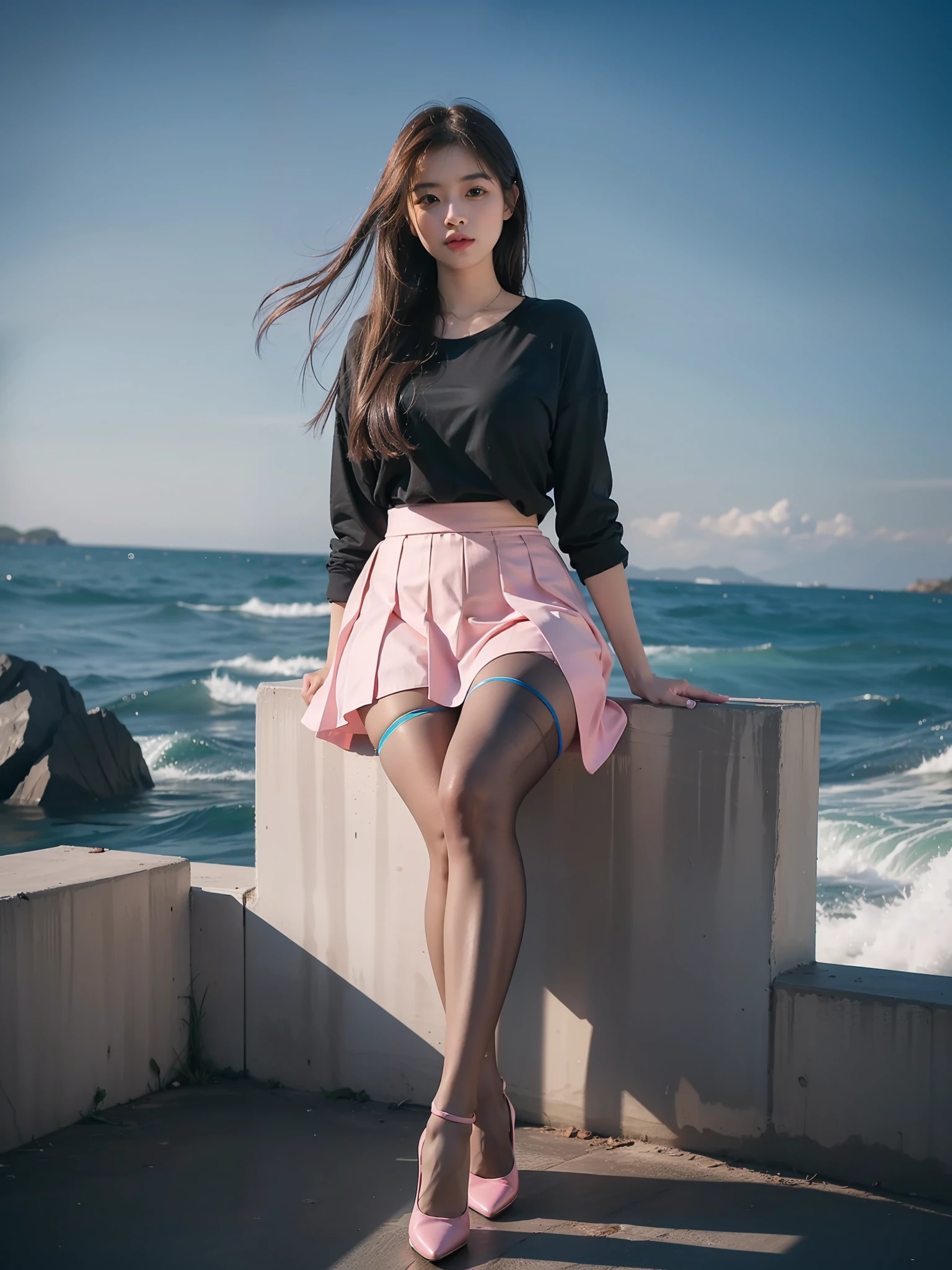 (full body:1.5),(1girl:1.3),(view the viewer:1.4),(anatomy correct:1.3),(Sitting on the sea:1.2),(A pink and blue Hip wrap skirt :1.2),( girl pointed thick heels and Pantyhose :1.1),(Accurate and perfect face:1.3),hyper HD, Ray traching, reflective light,structurally correct, Award-Awarded, high detail, lighten shade contrast, Face lighting ,cinmatic lighting, masterpiece, super detailing, high quality, high detail, best quality, 16k,High contrast,