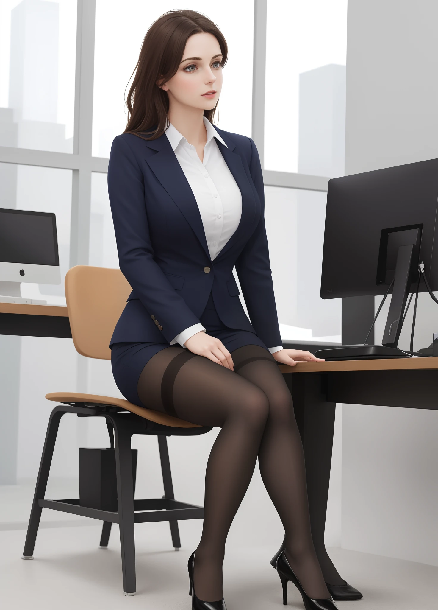 best qualtiy, Full body like，Refined face，pretty  face，25 years old woman，slimfigure，Larger bust，office lady uniform，Office wear，Two-tone stockings，Outdoor Scene，Kneeling pose，realisticlying