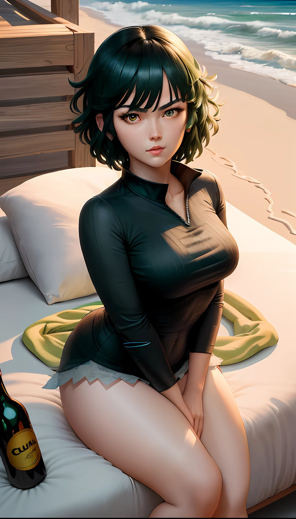 Chica de anime acostada en una cama con una botella de cerveza, Fubuki de One Punch Man, Fubuki, Fubuki con cabello verde rizado, en una playa, Fanart de alta calidad, en la playa, Tendencias en ArtStation Pixiv, Guweiz en Pixiv Artstation, Fanart exquisito altamente detallado, Artgerm extremadamente detallado, Arte Zerochan