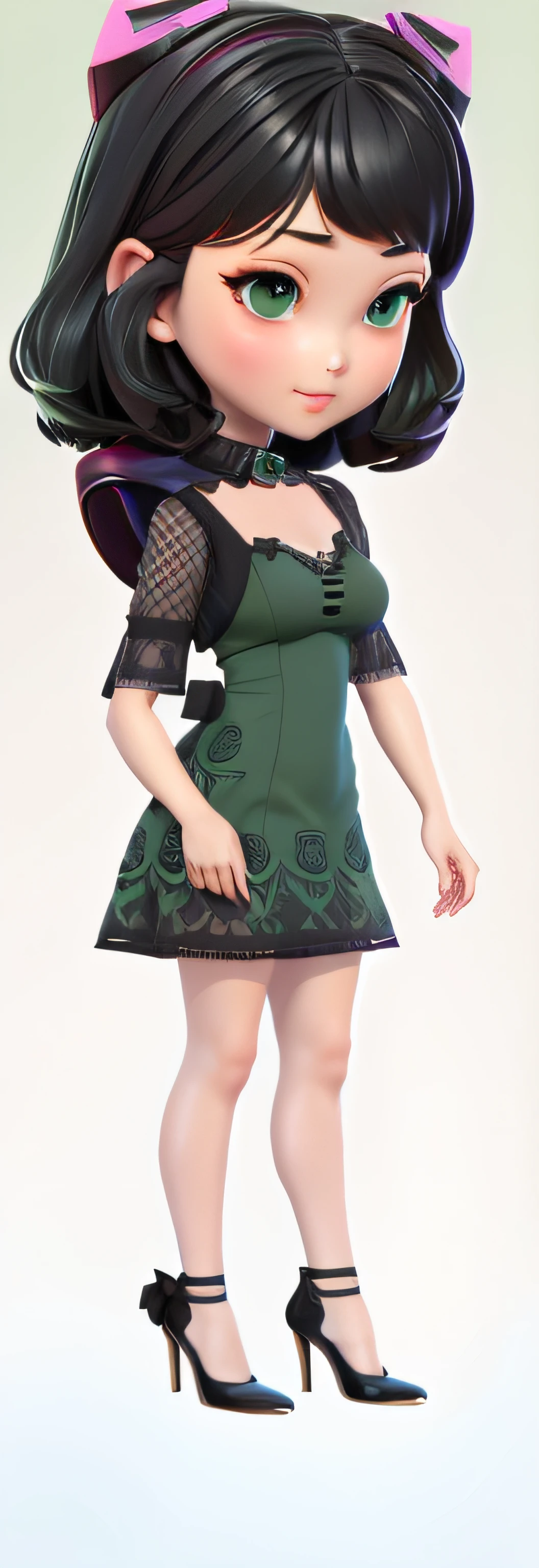 one-girl，。.。.。.。.。.。.。.。.。.。.。.3D ,low-contrast, shift dresses, full body green dress, nedium breasts , Black color hair