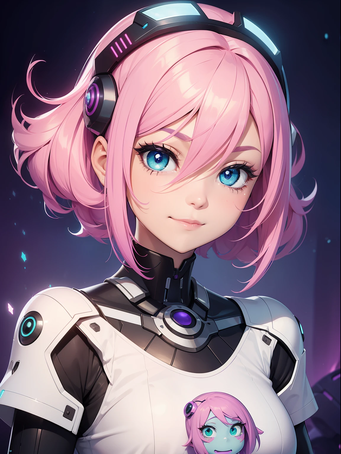 a robotic fantasy girl with robotic face, pink hair style, wearing a white t shirt, happy face and little smile with blue lips, big green eyes, simple purple background, make it for NFT market