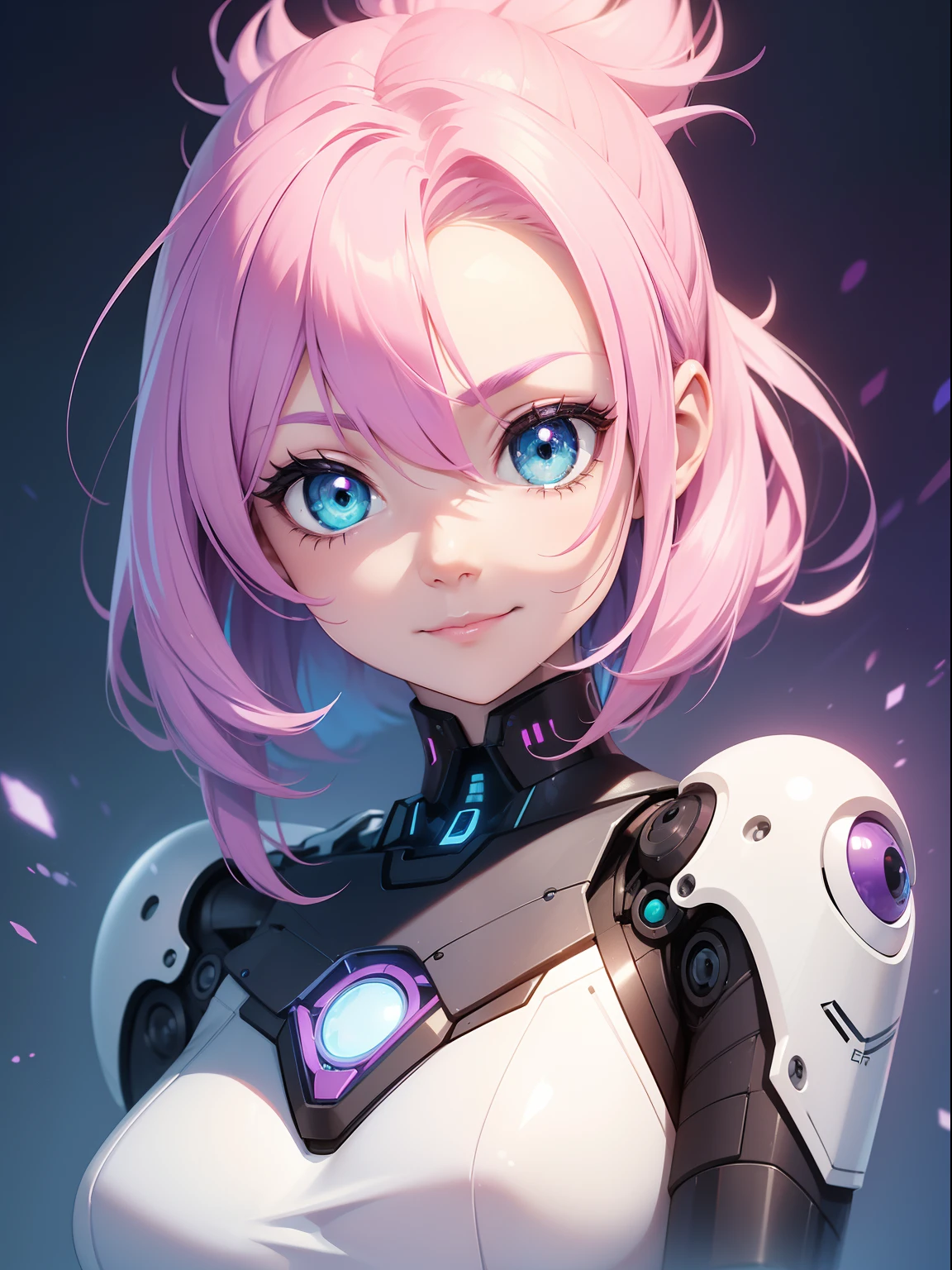 a robotic fantasy girl with robotic face, pink hair style, wearing a white t shirt, happy face and little smile with blue lips, big green eyes, simple purple background, make it for NFT market