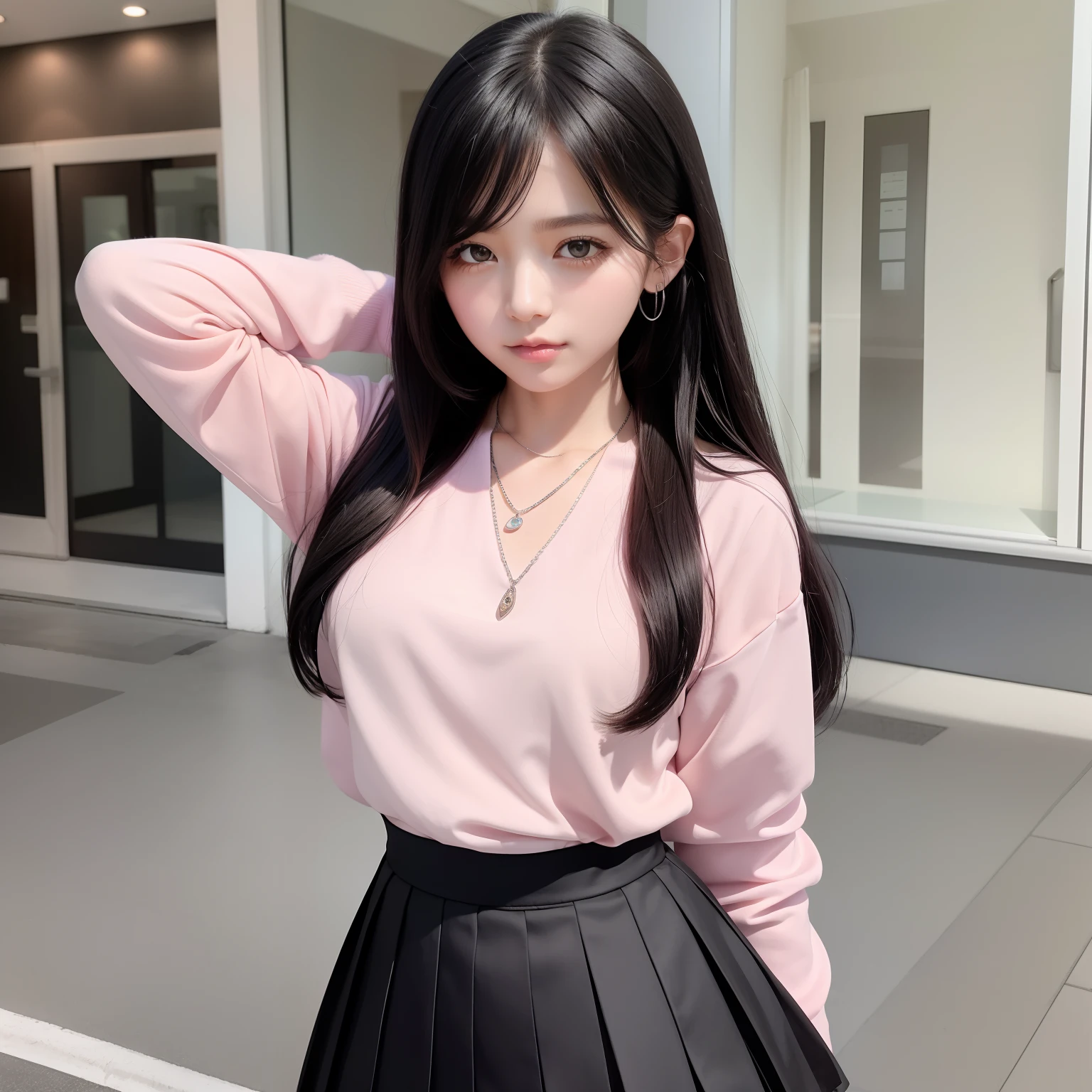black color hair,Beautiful shiny delicate and cute face,Pink school uniform and pleated skirt,Youth and beautiful,There is vitality,Sweet and cute beautiful girl,Around his neck is a necklace of silver jewelry