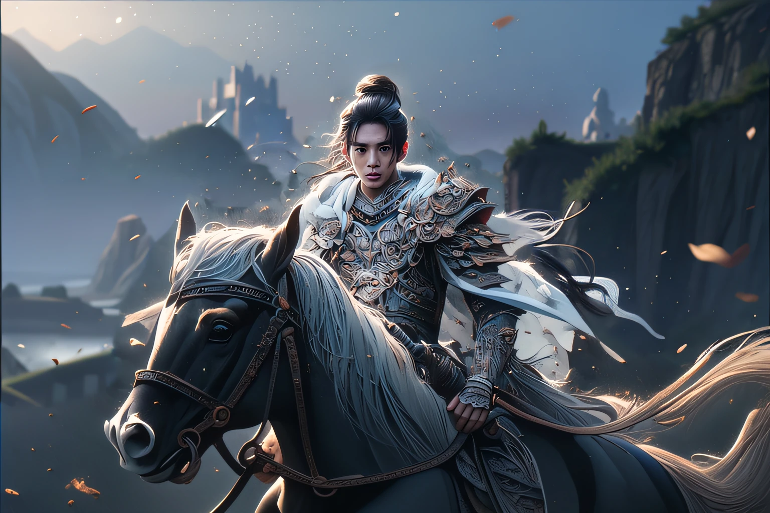 There was a man on a horse,Smoke of war, zhao yun, chengwei pan on artstation, cgsociety and fenghua zhong, xianxia hero, by Yang J, Inspired by Fenghua Zhong, xianxia fantasy, inspired by Zhang Wo, Chinese fantasy, Inspired by Seki Dosheng