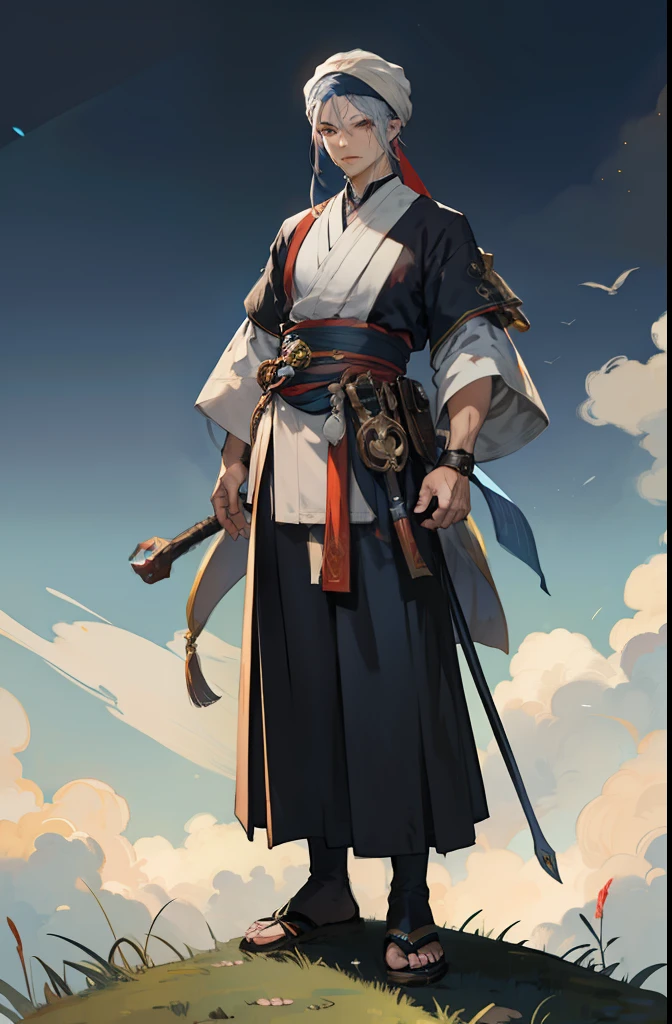 Systemic２D Anime、animesque、Very Beautiful Western Male Monk, 2 D Anime, Stylish turban on the head. Old man in prayer pose , ultra-detailliert, Natural light, heavy wind, High quality, Beautiful face, Engulfed in silver flames, standing on the grass,Complex cyberpunk makeup, Art by Android Jones, Ernst Haeckel, Necro Borja, Transla、full body Esbian、Tips of the feet