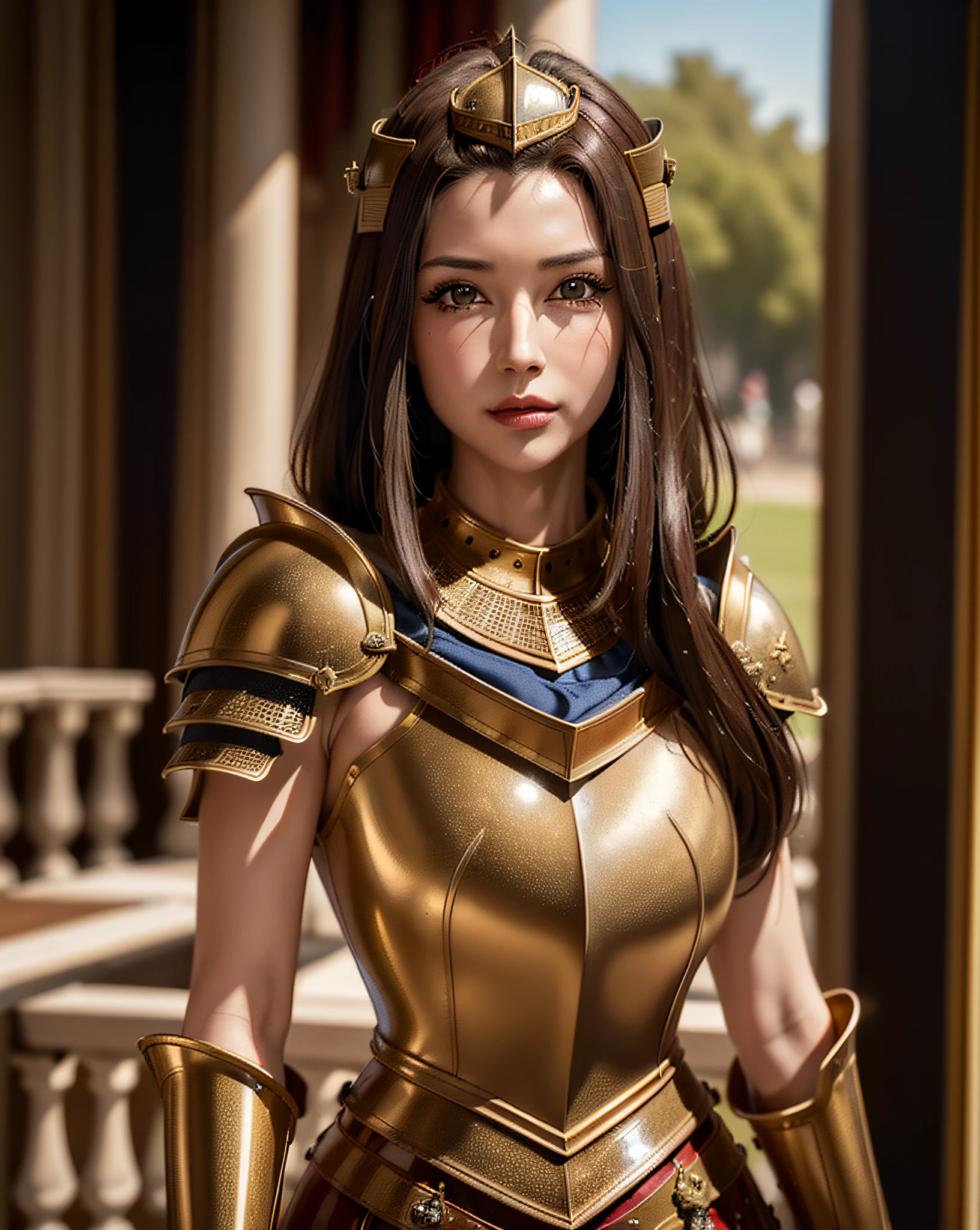 ((Best quality, 8k, Masterpiece :1.3)), (female royal knight:1.3), (1girl:1.3),  dark brown hair, ultra-detailed face, detailed lips, detailed eyes, double eyelid, (large breasts:1.3), wearing a royal knight armor, solo, standing the royal palace,