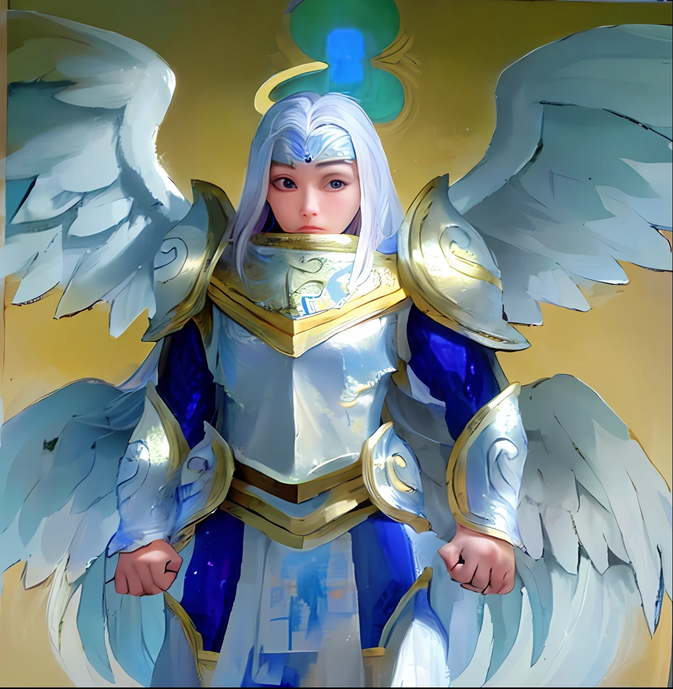 Painting of a woman with wings and a halo on her head, Arcanjo Miguel, arcanjo, angel in plastic armor, saint michael the angel, Um guerreiro esmeralda loiro, Serafim, inspired by Angel Botello, Armadura Dourada Angelical, inspirado por Huang Shen, Paladino Santo, inspirado por Li Chevalier, as a mystical valkyrie