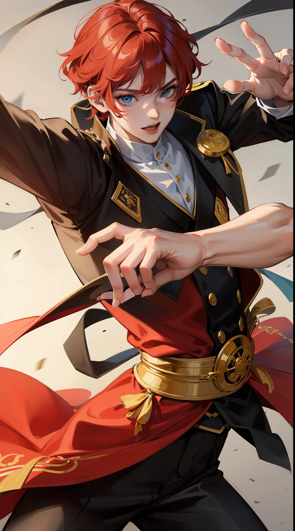 Young guy, short red hair, blue eyes, prince, martial arts, Masterpiece, hiquality