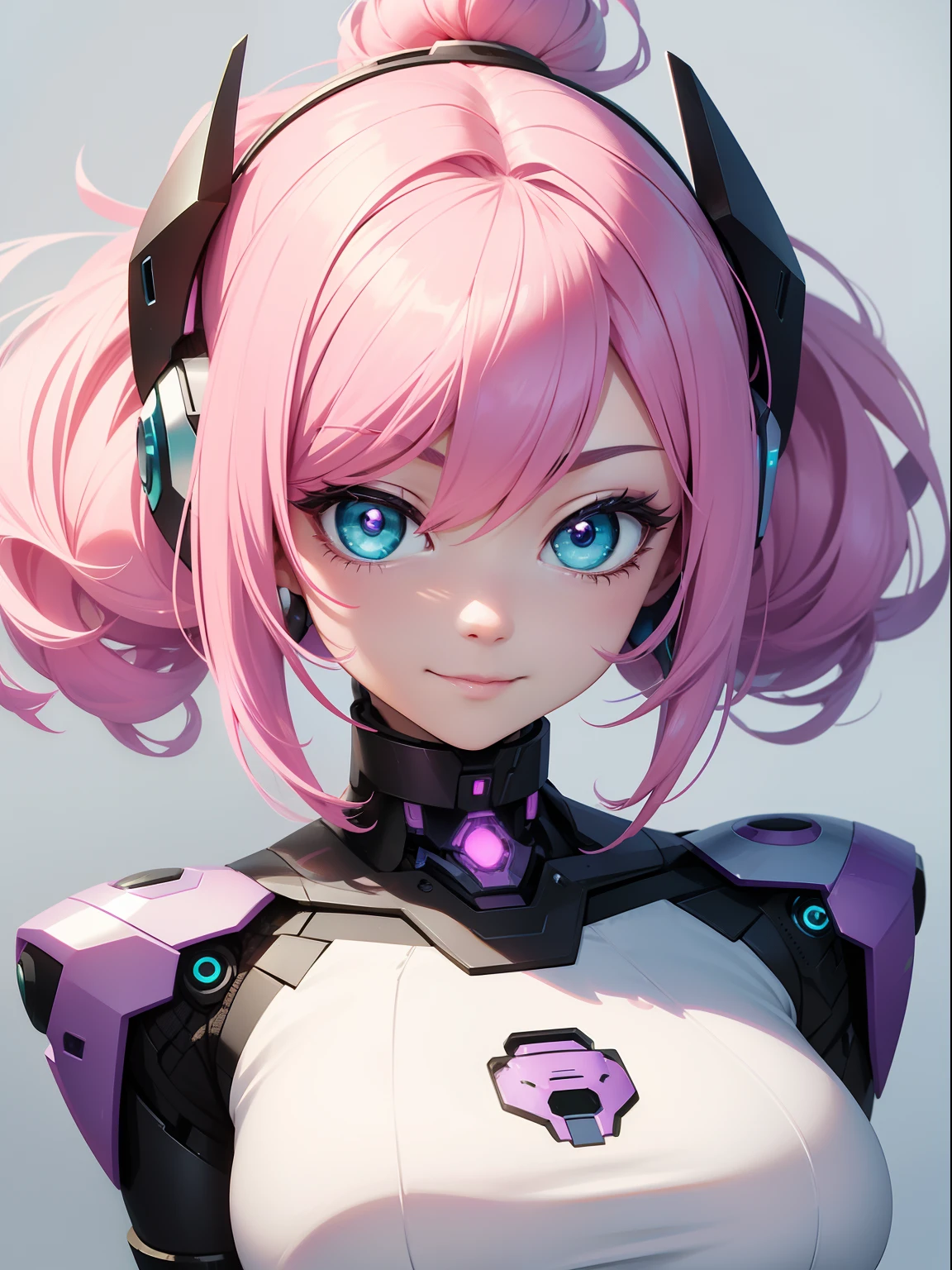 a robotic fantasy girl with robotic face, pink hair style, wearing a white t shirt, happy face and little smile with blue lips, big green eyes, simple purple background, make it for NFT market