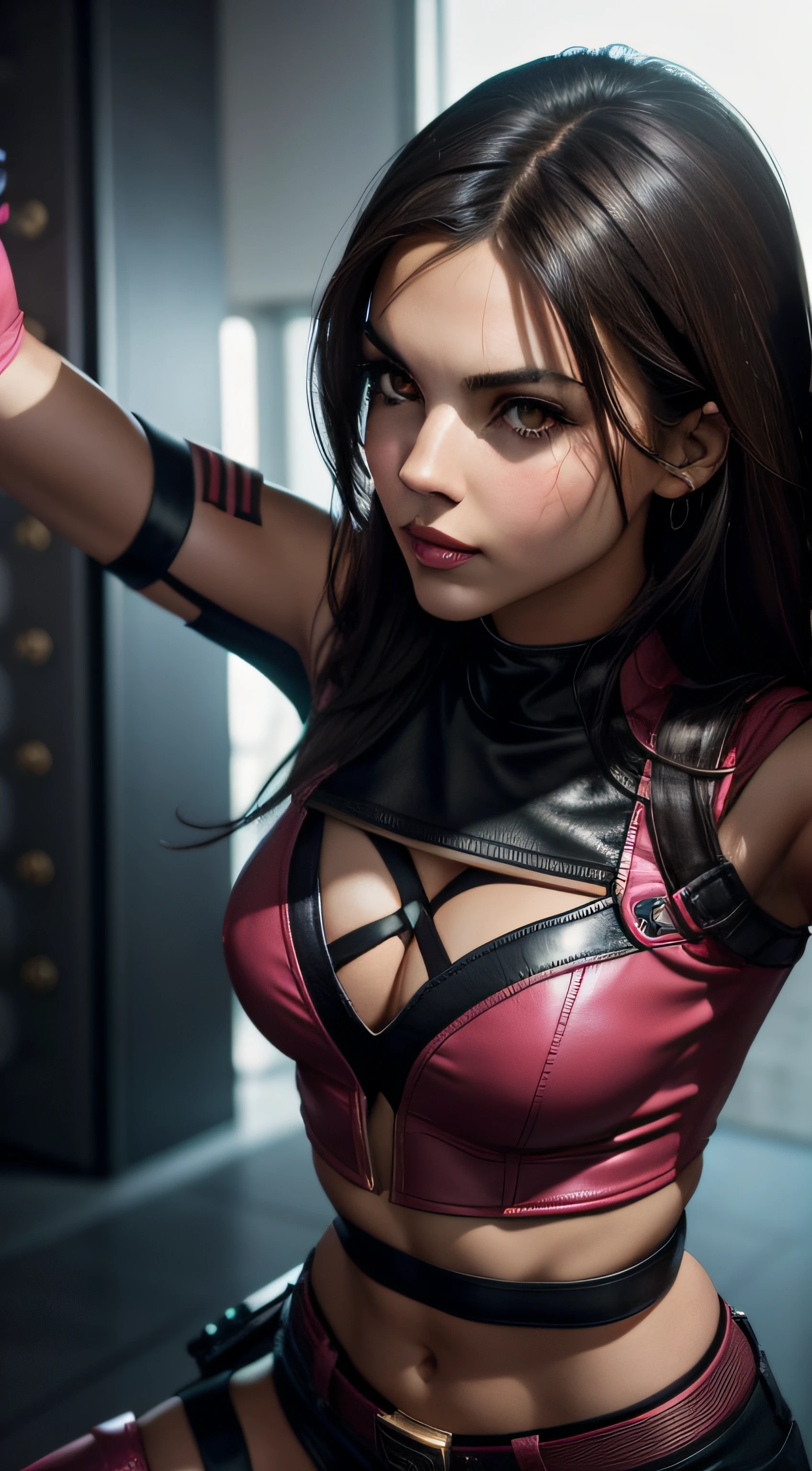 sexy Victoria justice as beautiful female superheroine . dark brown hair brown eyes wears a black midriff top with a red stripe on the center and an opening on the chest , wears a domino mask. Wears a small pink leather jacket , wears black shorts that in red in the center, with the addition of fishnet stockings. Wears black boots with a pink outline, she is holding pair of electric Escrima Sticks and is in action  portrait photography by artgerm, in the style of realism, glistening skin, , natural lighting, Defined full lips. Muscular fitness feminine body