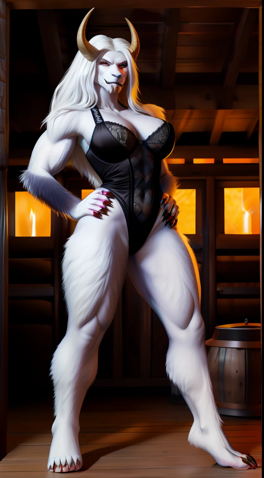 anthropomorphic, woman, monster woman hybrid, Yeti, sexy black lace high cut leotard, busty, muscular body, thicc, fierce, Sharp Teeth, Saber Fangs, hourglass body, white hair, sexy, beautiful, savage, Long Claws, Photograph, white wooly fur, sexy hips, sexy legs, fit body, hard abs, Yeti Face, horns, cabin, forest, bare feet, sexy lets, tall, beastly beauty, ferocious,