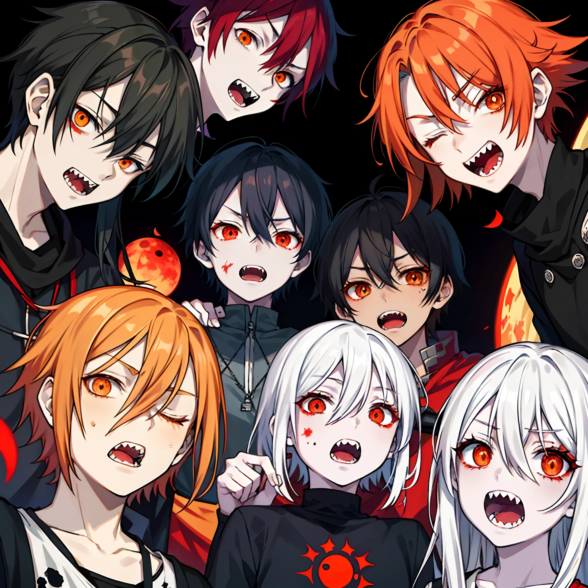 masutepiece, Best Quality, Highly detailed, 4 Boys, Torn clothes, Orange Eyes, Evil expressions, sharpteeth, Open mouth, Pale, From below, doomsday, zombie, different pupils, destruction, Red Moon. Sleep with your eyes closed