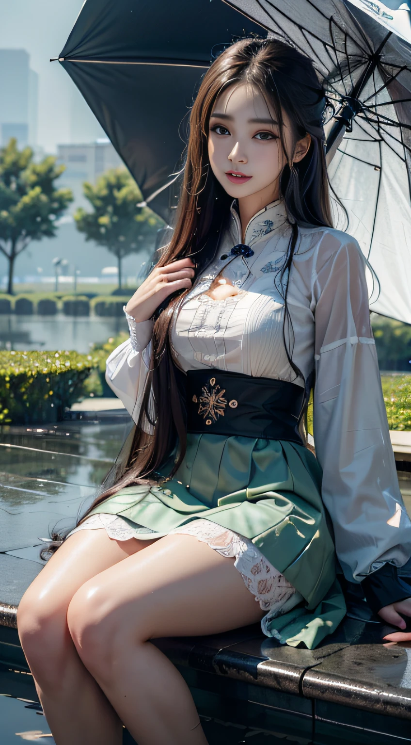 4K Ultra HD, Masterpiece, Best quality, A girl, Beautiful face, Detailed eyes, Very long hair, Impressive and attractive hair, Good looking, lovely lips, cheerfulness, with her mouth open, Rainskirt,Bring clothes and umbrellas of the same color， Dresses of random colors, White lace, Zhu Xia Jingjing, Shiny jewelry, Natural background, Wet ground, very heavy rain, Wet body, Direct x 3.0 Visuals, reflection on water, It rained heavily, Blowing wind, Sitting, In the rain, Full body capture,