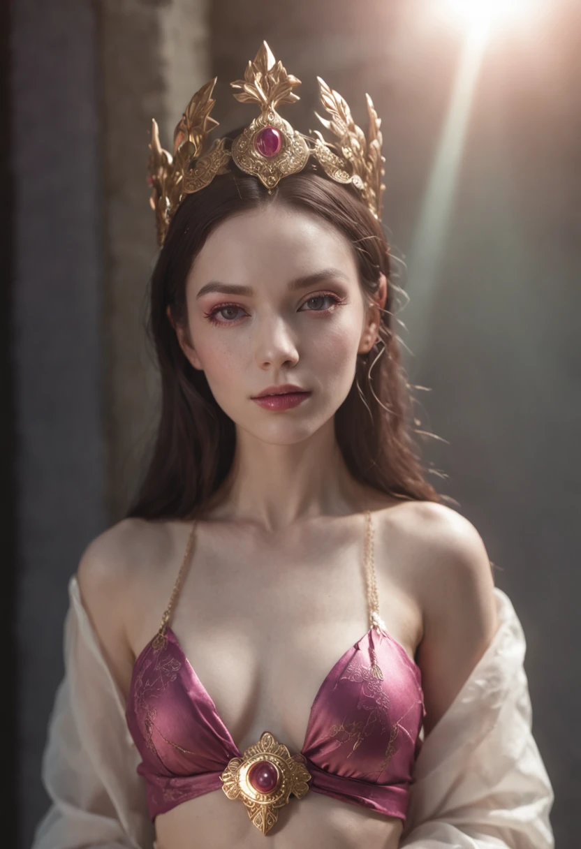 RAW photograph half length portrait of the goddess of the moon, glowing pale skin, erotic, beautiful accurate facial features, accurate hands, accurate face, small breasts, topless dark pink nipples , body jewelry, gold waist chain, see-through robes、General decoration, cinematic, shadows, 4k, 8K