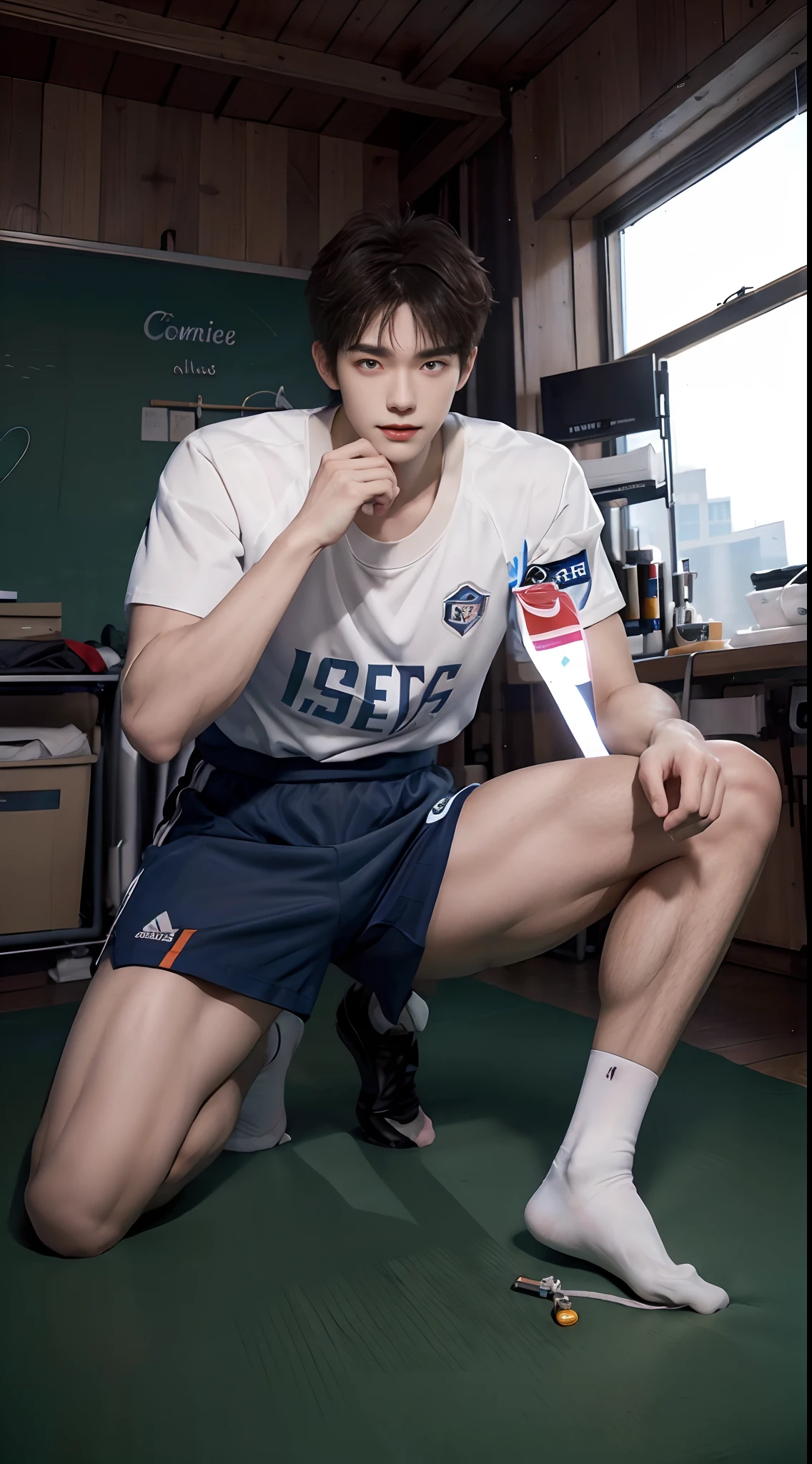 (((Best quality))),(((Ultra detailed))),(((Masterpiece)))，（Cute tall Shota：2），The height of a volleyball player，solo person，（full bodyesbian：3），（Stay away from the lens：3），Expose your legs，（revealing the whole body：2），（Frontal heads-up view：1.2），malefocus，（looking at viewert）， old，（Tall：3），（Tall guy：2），Super tall，（Height 300 cm：2），Excellent body proportions，muscular physique，（1.The shoulders are 5 times wider：1.2），（Slender straight legs：2.5），Slender feet，small heads，musculous，（The face of the animated male protagonist），Pure face，（Very detailed beautiful face and eyes：2），（Big bright eyes：1.2），Sharp eyeliner，Clear and beautiful face，，exhilarated，（Happy smile：2），short detailed hair，（Correct facial features），（tilts your head：1.5），（School uniform for boys：2)，Long white socks，（Muscle firming：2），Strong，（Wide shoulders and narrow waist：2.2），Sports men's socks，Detailed muscle texture，Highlights muscle structure，At home，（He was kneeling on the ground：4），（full length shoot），ultra-realistic realism, (Photorealistic detail), Incredible accuracy, lifelike textures, masterful technique, Jaw-dropping precision, artistic dedication，（anatomy correct），Good lighting，exquisite detailing，Best quality，stunning masterpiece，CG，（Colored screen）