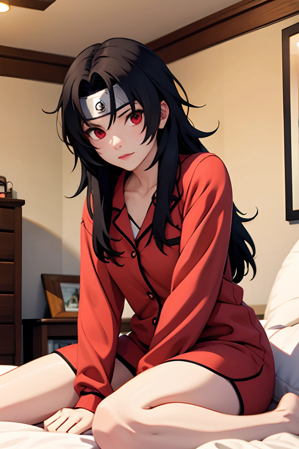 nar_kurenai_yuhi，Forehead protection，bandagens，red eyes，wariza，Be red in the face，high-definition quality，Sling pajamas，show legs，inside in room，sitting in the couch，Lie down in bed，Be red in the face