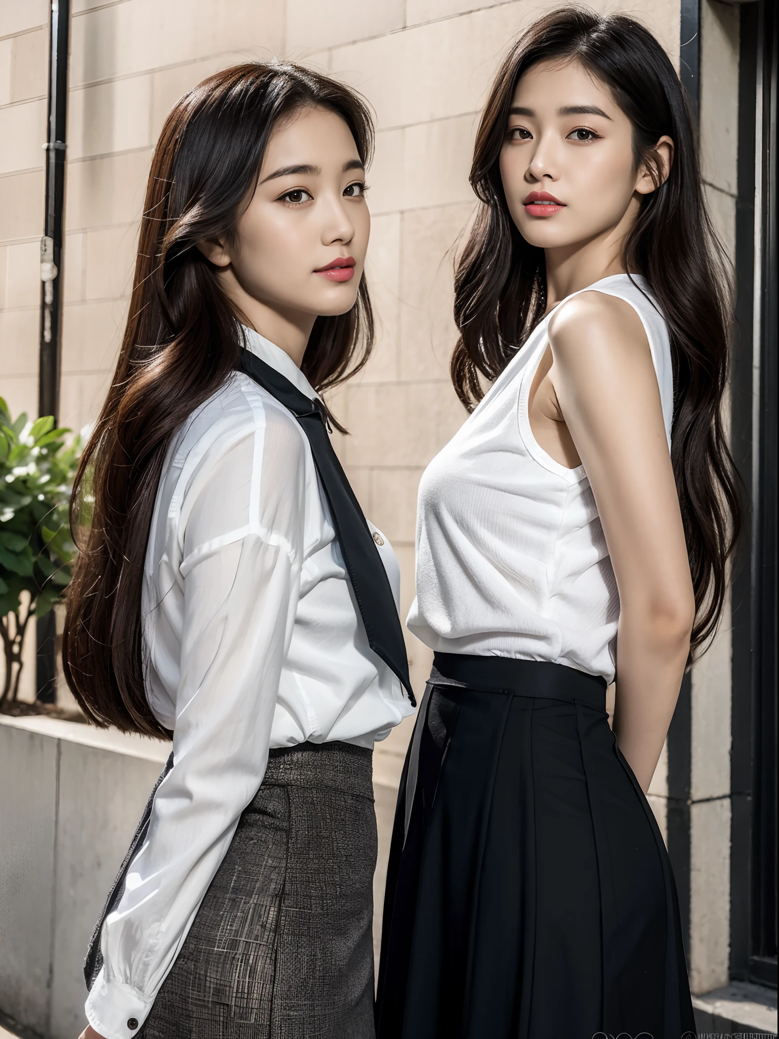,(RAW photo:1.2), (Photorealistic:1.4),Beautiful Meticulous Girl, very detailed eyes and faces, Beautiful detailed eyes, ultra - detailed, A high resolution, The is very detailed,best qualtiy,illustratio,unified,8k 壁纸,tmasterpiece,best qualtiy,Street 1 girl,Hosiery,a skirt,solo person,exteriors,long whitr hair,pencil skirts,high-heels,The shirt,looking at viewert,are standing,motorvehicle,full bodyesbian,Black tights,a black skirt,groundvehicle,In the daytime,White color blouse,Black shoes,The Car,brown hair,of shoulders,cparted lips,horse tailed,ascot