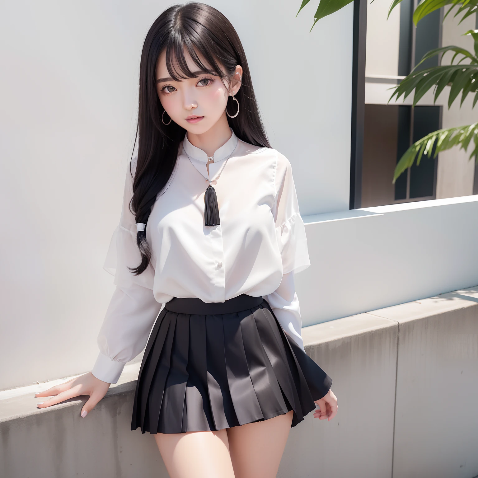 Black color hair,Beautiful, shiny, delicate and cute face,Pink and white school uniform and pleated skirt,Wearing white silk,Youth and beautiful,Sweet and cute beautiful girl,Around his neck hangs a necklace of silver jewelry。