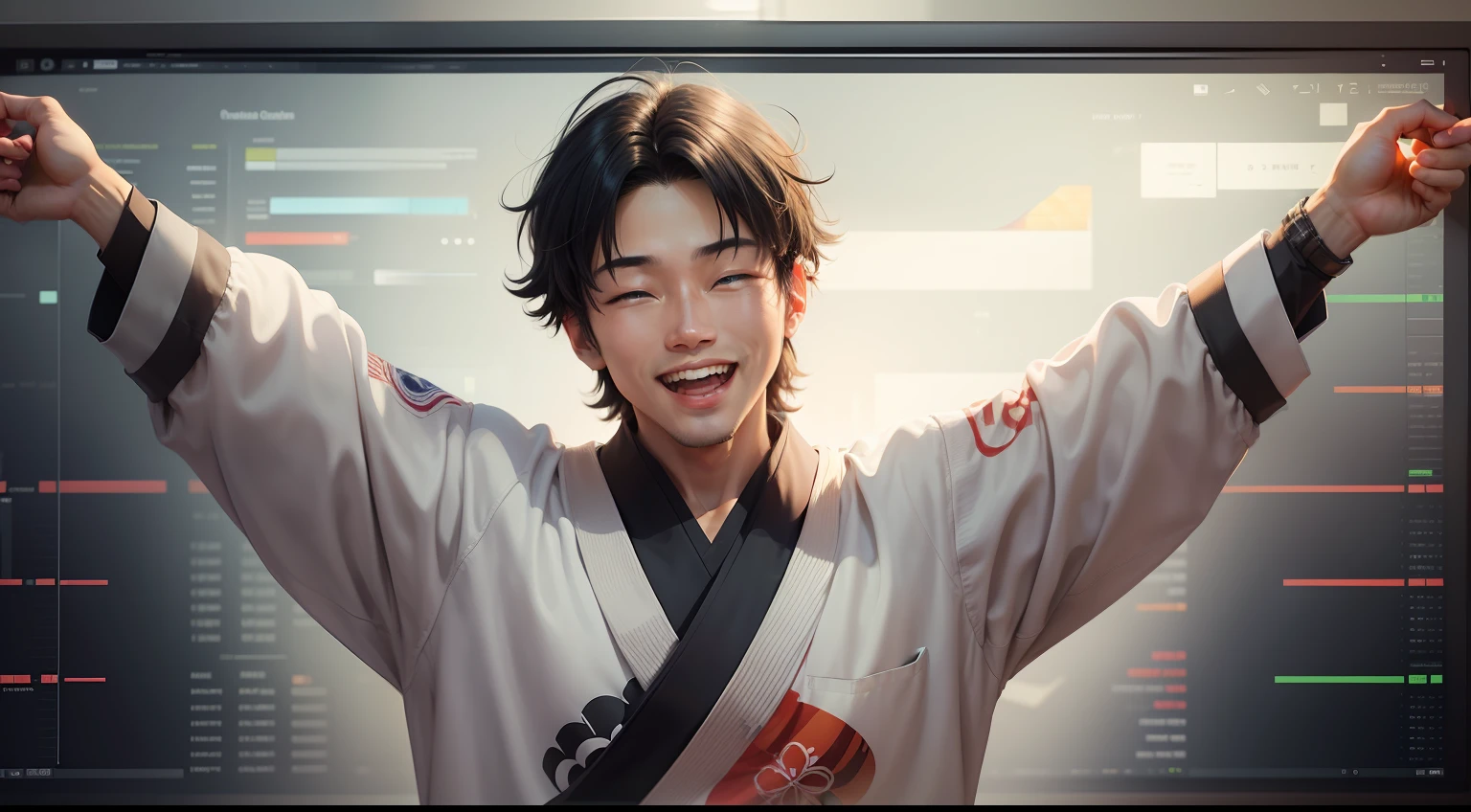 (Digital Painting)、(top-quality)、Man overjoyed in front of the big chart screen、Man with a big smile、Huge forex charts and index charts behind、Graph showing price movement、creative、trader、Currency chart monitoring、FX、exchange、Ukiyo-e Art Style、Hokusai's inspiration、Popular deviant art、8K Ultra Real、Pastel Color Schemes、Soft lighting、vibrancy、delight、Revelry、Carefree smile