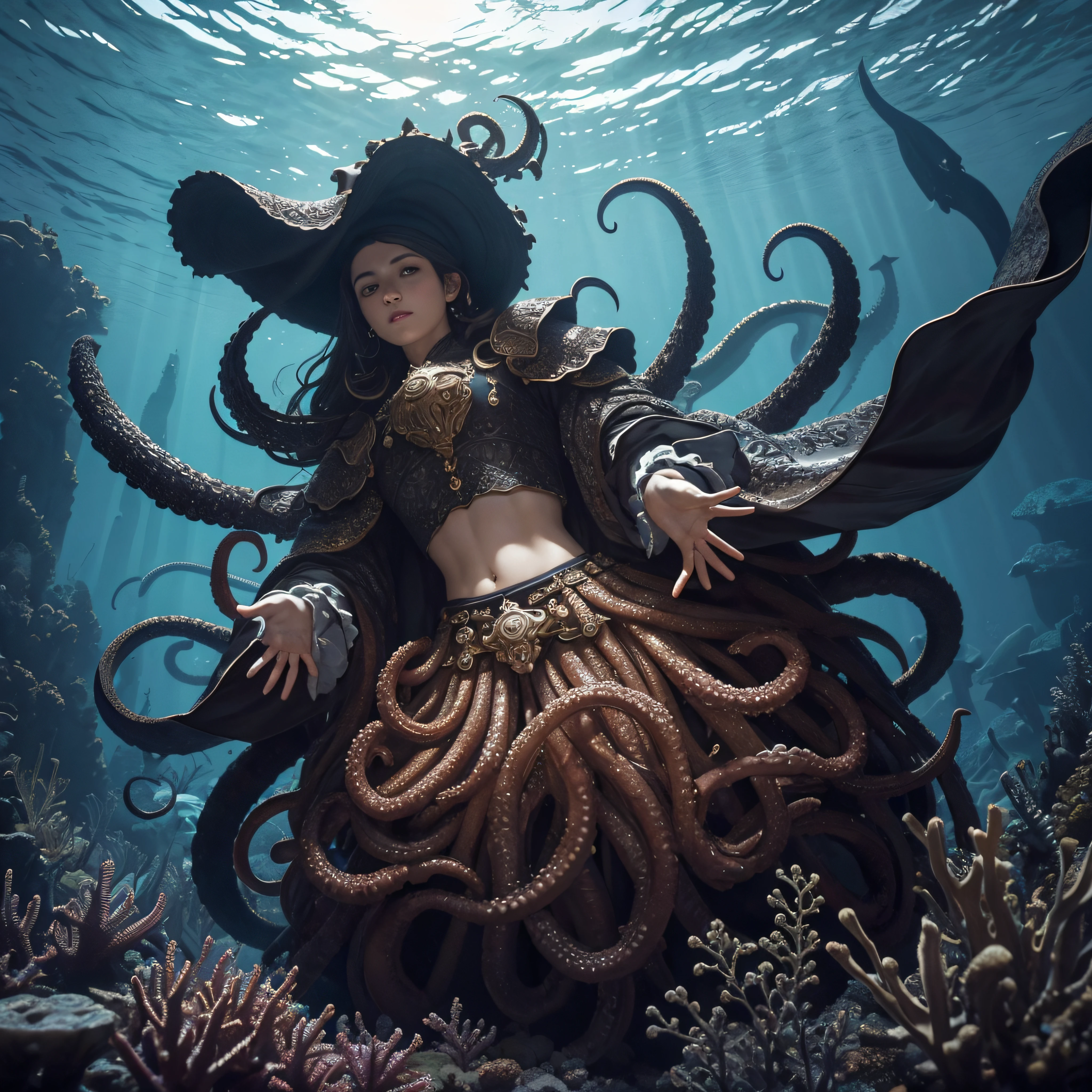 (extremadamente detallado, obra maestra, La mejor calidad, Under the Ocean), Estilo oscuro, volumetric illumination. armadura medieval, rostro con arrugas, lengua larga, tentacle, deforme, imagen submarina vista desde el exterior, pico de pulpo amenazante. manchas de tinta. Rococo composition. Luz de caravaggio
