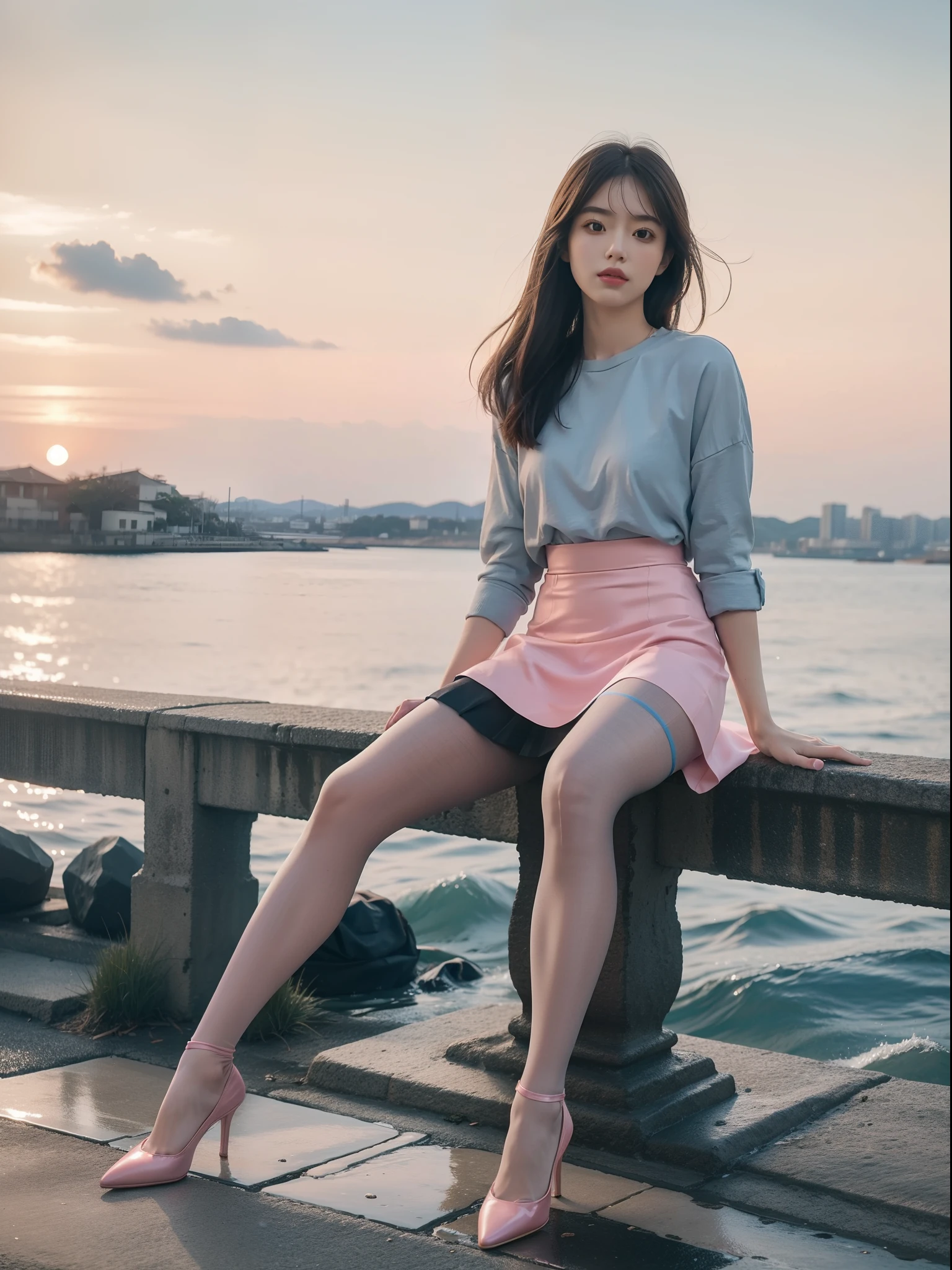 ((((8k))),((Extremely meticulous CG)) ,(wallpaper),16k,((Extremely refined and beautiful)),(((Masterpiece))),(((best qualtiy))),(((Ultra High Resolution))),beautiful light up,realistic shaded,(Smooth and flawless fair skin:1.5),(pale skin:1.3),(Extremely exquisite facial details:1.2),(perfect body:1.1),(ultra-detailed:1.5),((A beautiful girl,solo)),(small head:1.2),(shoulder-length straight bob hair:1.2),(small face:1.2),(baby face:1.3),(Exquisite makeup:1.2),(small breasts:1.2),(flat chests:1.2),((slim,thin)),(laughing:1.2),(happy:1.2),(collared shirt:1.3),(long sleeves:1.2),(underwear:1.2),(slender legs:1.3),(sneakers:1.2),(day scene:1.2),(cloudy:1.2),(light rain:1.2),(outdoor:1.2),(early spring:1.2),(At the seaside train station full of red pea flowers:1.5),(On the platform:1.2),(colorful train:1.3),(detailed seaside background:1.5),(standing:1.3),(full body:1.3),(from back:1.3),(from below:1.2), (naked ass:1)