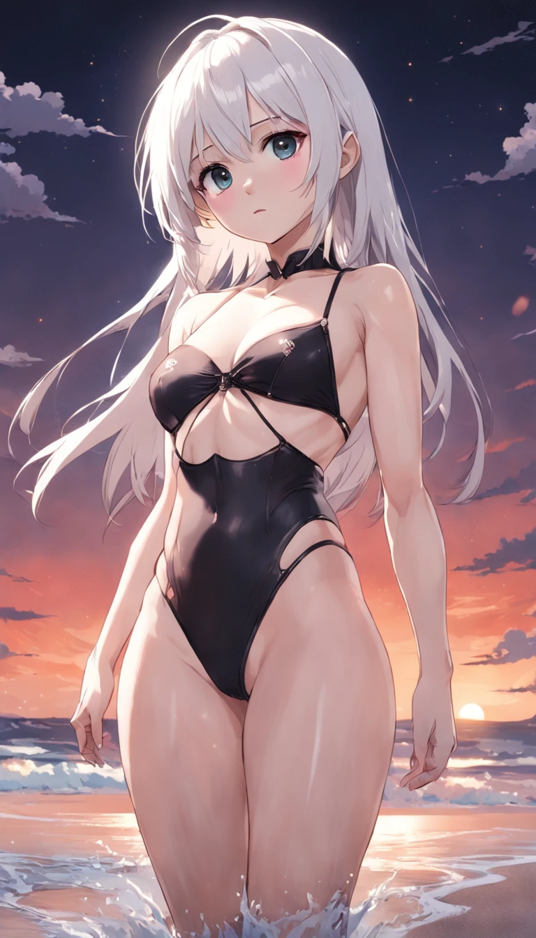 White girl with white hair, Wearing a black bikini, tiny body, tiny chest, thighs thin, Marked panties, Reddened eyes, Albina, On the beach at night