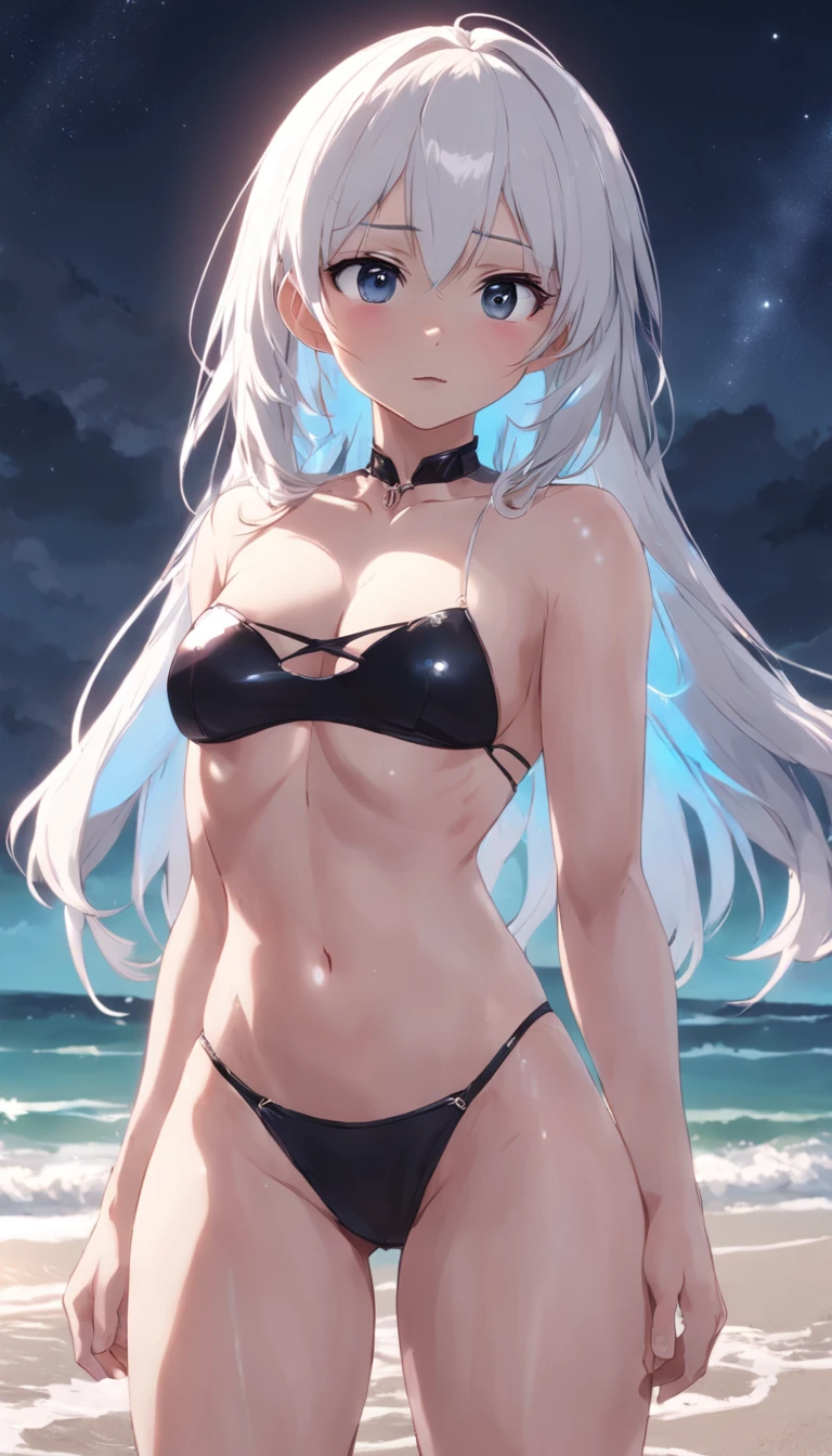 White girl with white hair, Wearing a black bikini, tiny body, tiny chest, thighs thin, Marked panties, Reddened eyes, Albina, On the beach at night