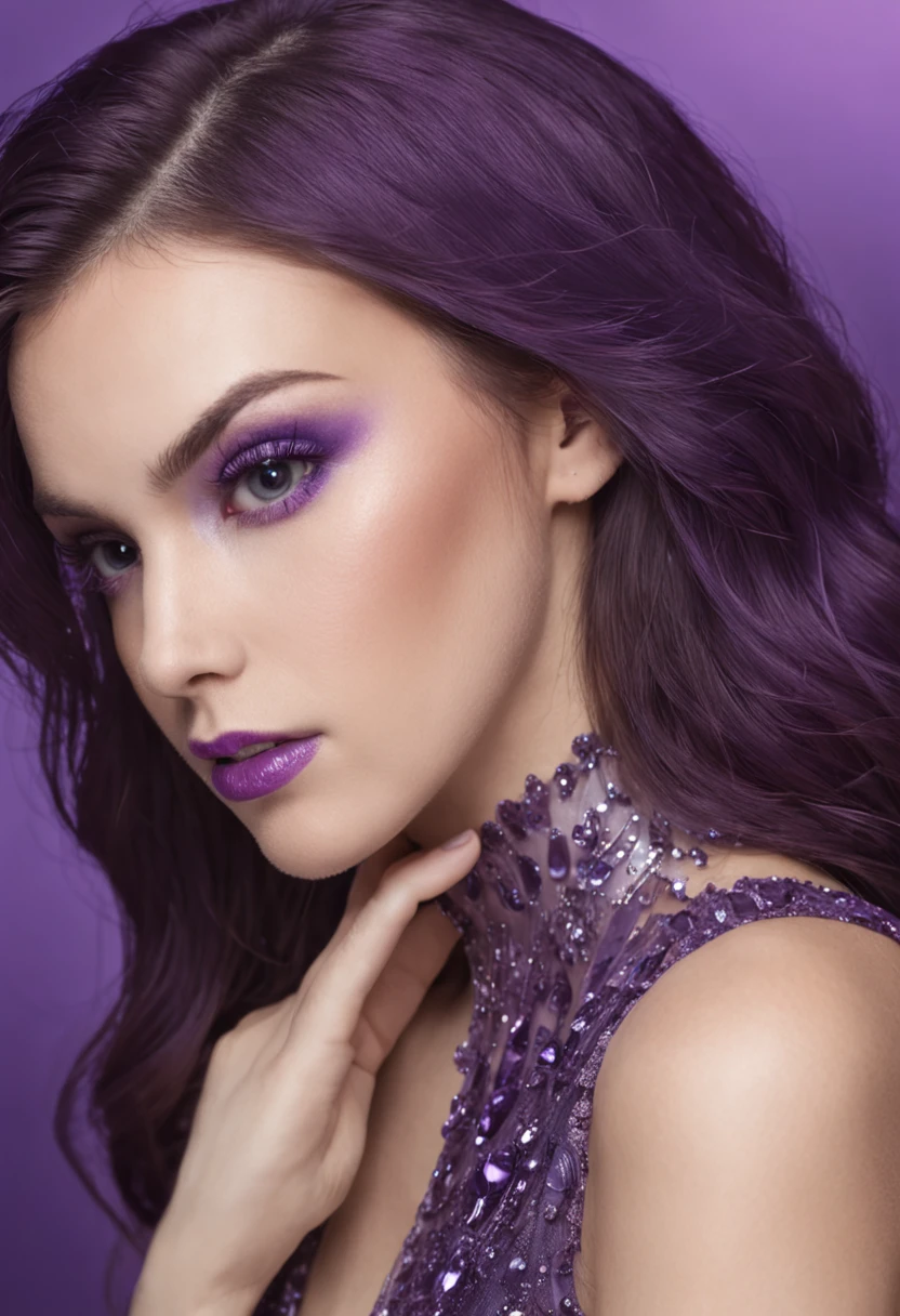 ((Photo noire et violet)), Sublime femme avec deux très longues queues de cheval de chaque côté, double queues de cheval en forme de coeur, double twin ponytails, twin tails, Lèvres détaillées, Yeux détaillés, regard intense, cils détaillés, visage détaillé, long cheveux violet, visage de séduction, ((maquillage violet)), photo du milieu du corps, ((porte un costume)),(( Une cravate violette, photo noir et blanc et violet, only black and white and purple photo)), (((photo noir et blanc et violet, only black and white and purple photo, le maquillage et les cheveux, b/w, B&W,long twin ponytails)))