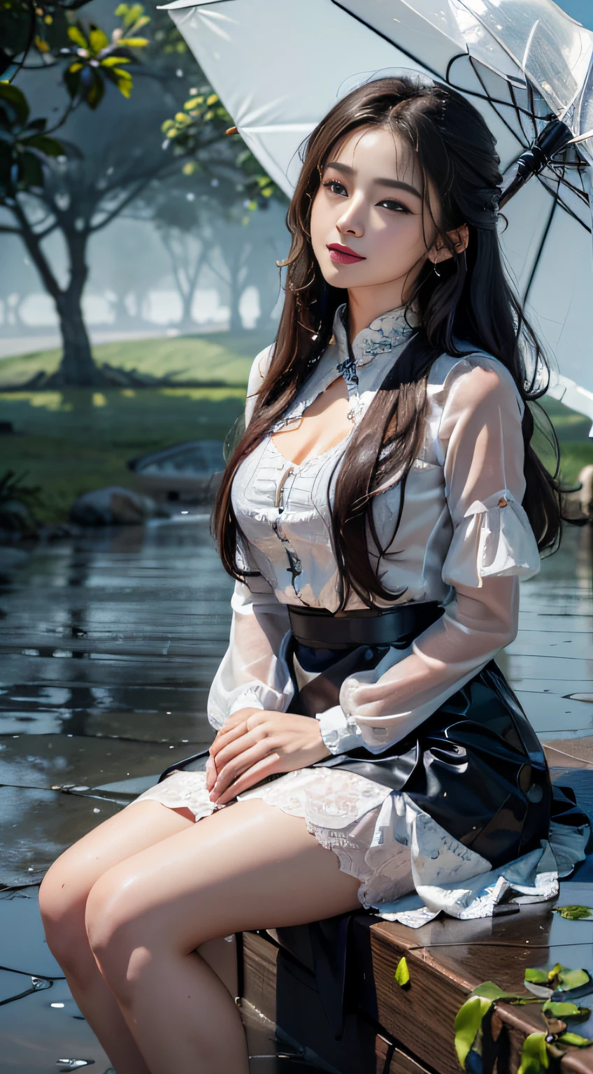 4K Ultra HD, Masterpiece, Best quality, A girl, Beautiful face, Detailed eyes, Very long hair, Impressive and attractive hair, Good looking, lovely lips, cheerfulness, with her mouth open, Rainskirt,Bring clothes and umbrellas of the same color， Dresses of random colors, White lace, Zhu Xia Jingjing, Shiny jewelry, Natural background, Wet ground, very heavy rain, Wet body, Direct x 3.0 Visuals, reflection on water, It rained heavily, Blowing wind, Sitting, In the rain, Full body capture,
