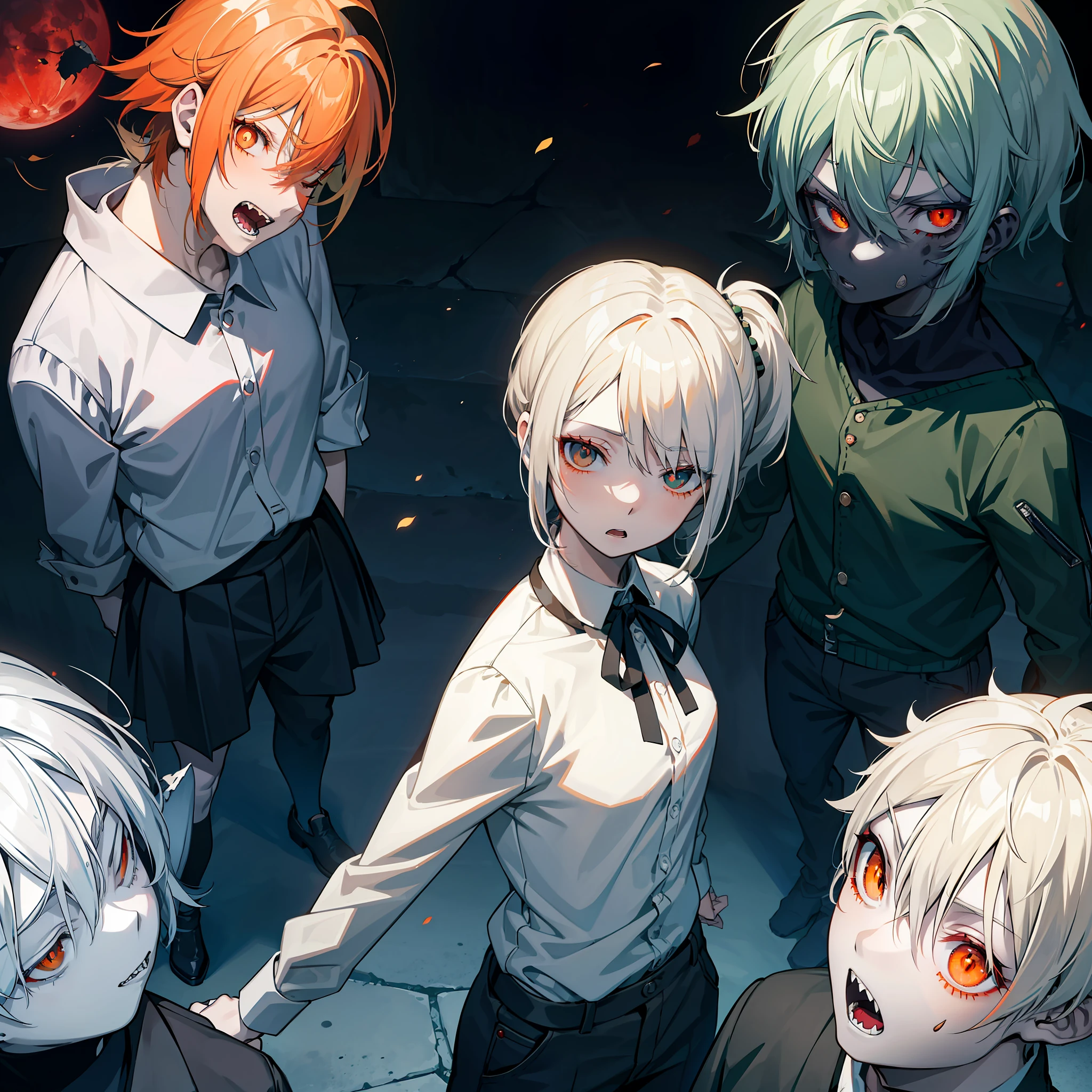 masutepiece, Best Quality, Highly detailed, 4 Boys, Torn clothes, Orange Eyes, Evil expressions, sharpteeth, Open mouth, Pale, From below, doomsday, zombie, different pupils, destruction, Red Moon. Sleep with your eyes closed