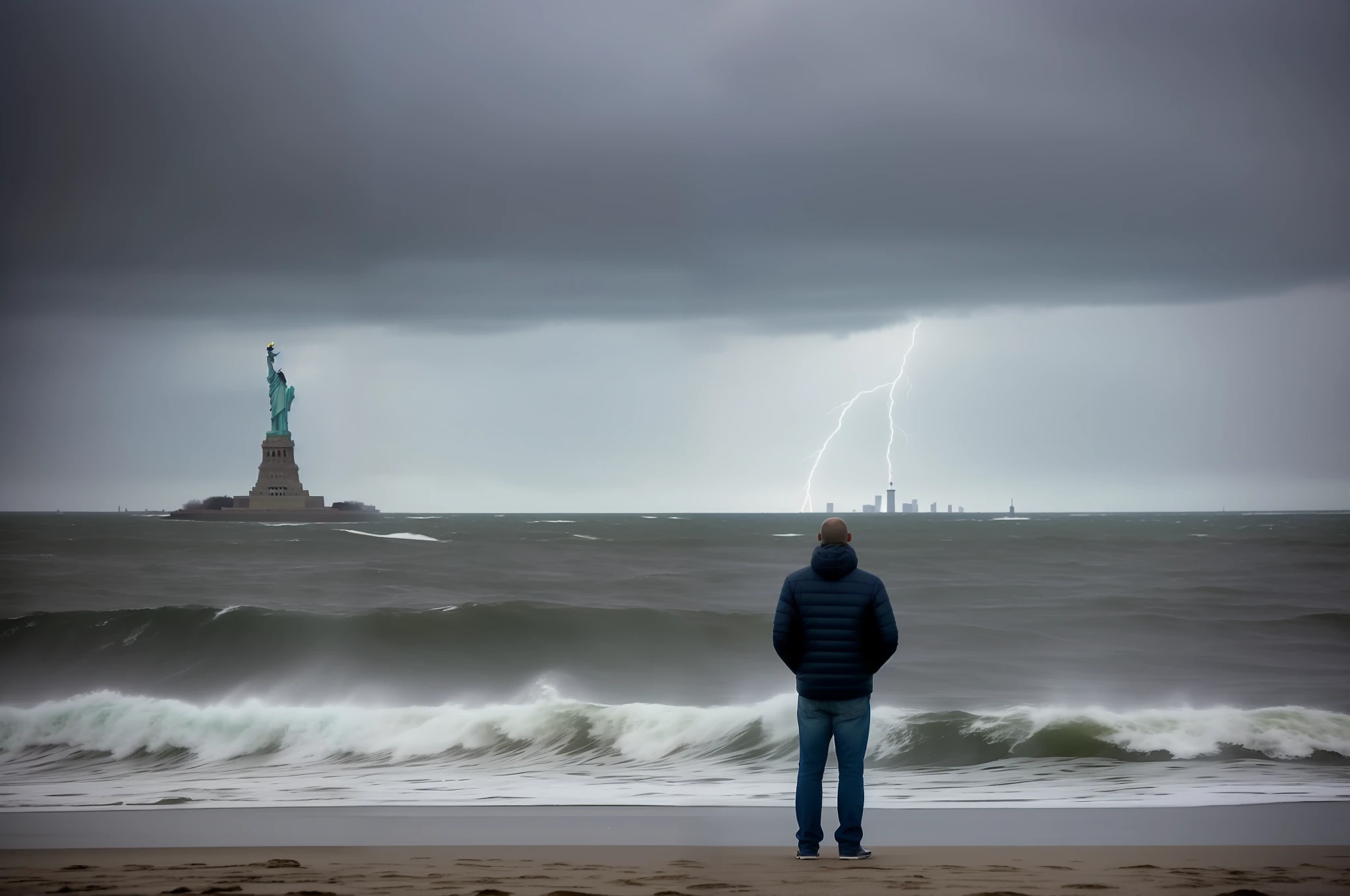 Arafeld man standing on the beach looking at the Statue of Liberty, the sea and storms behind him, Against the wind and waves, standing in a maelstrom, during a storm, a person standing in front of a, Located in the heart of New York City, looking at the ocean, The Statue of Liberty is clearly detailed,statue of liberty at left,The overall effect adds detail,Increase the resolution,Achieve 8K HD。
