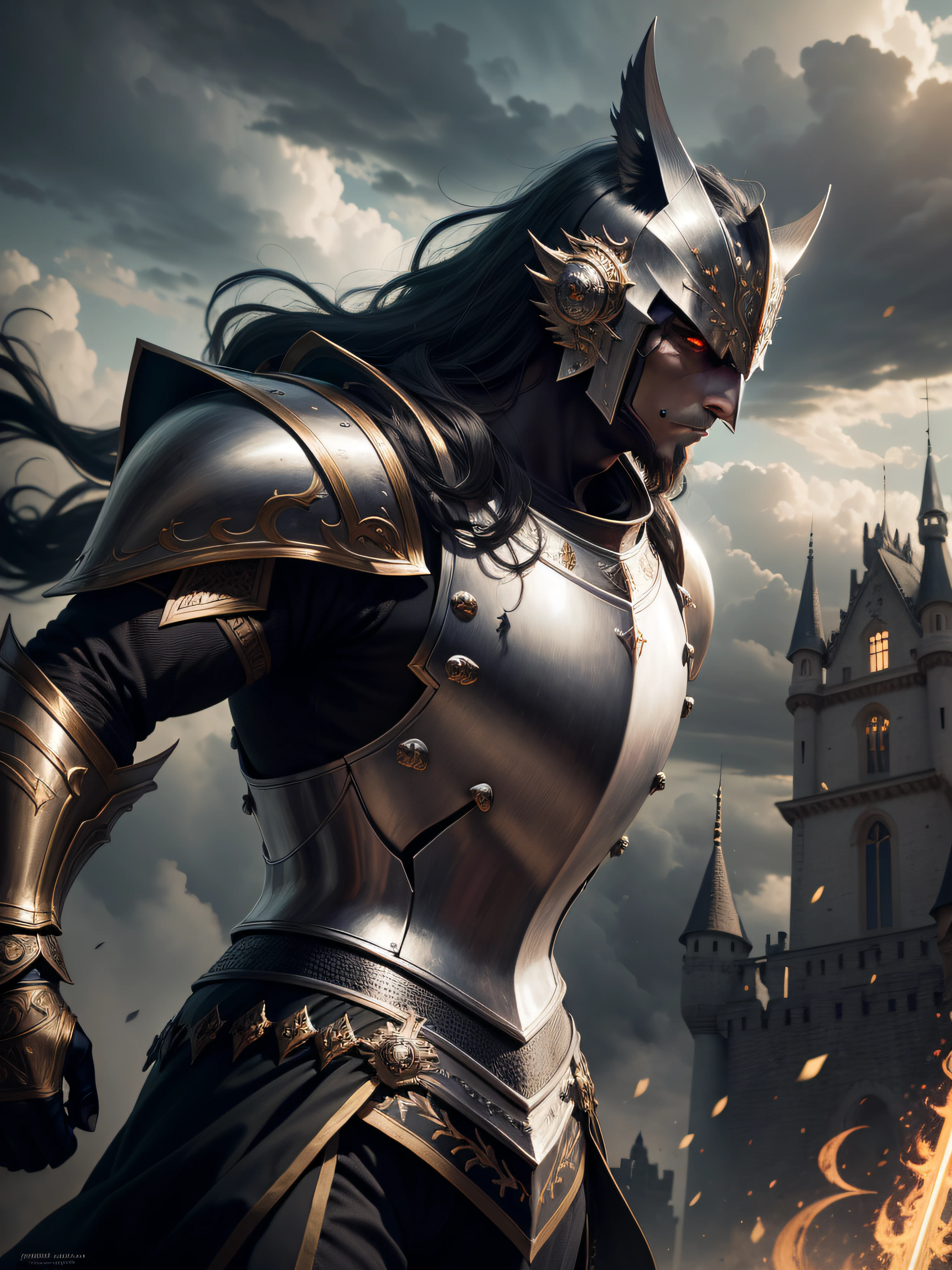 a man in armor riding a horse, black long hair, handsome, male knight, detailed armor, medieval fantasy, highly detailed, epic, cinematic, dramatic lighting, intricate details, photorealistic, 8k, best quality, ultra-detailed, (realistic:1.4), (photorealistic:1.3), (cinematic:1.2), dynamic pose, heroic, rugged features, determined expression, powerful steed, lush environment, castle in the background, cloudy sky, sunlight rays, volumetric lighting, depth of field