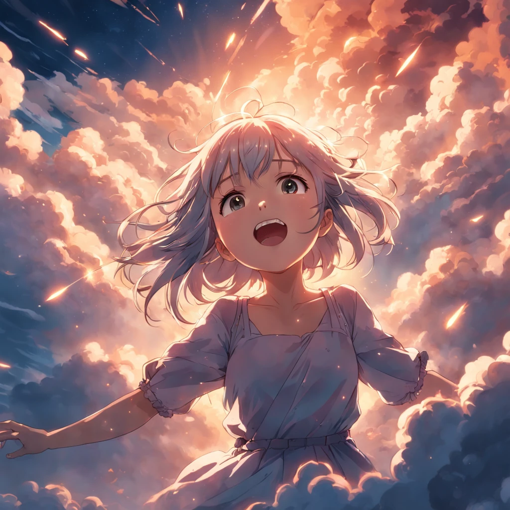 masterpiece, best quality, movie still, 1girl, cloud girl, floating in the sky, close-up, bright, happy, warm soft lighting, sunset, (sparks:0.7)