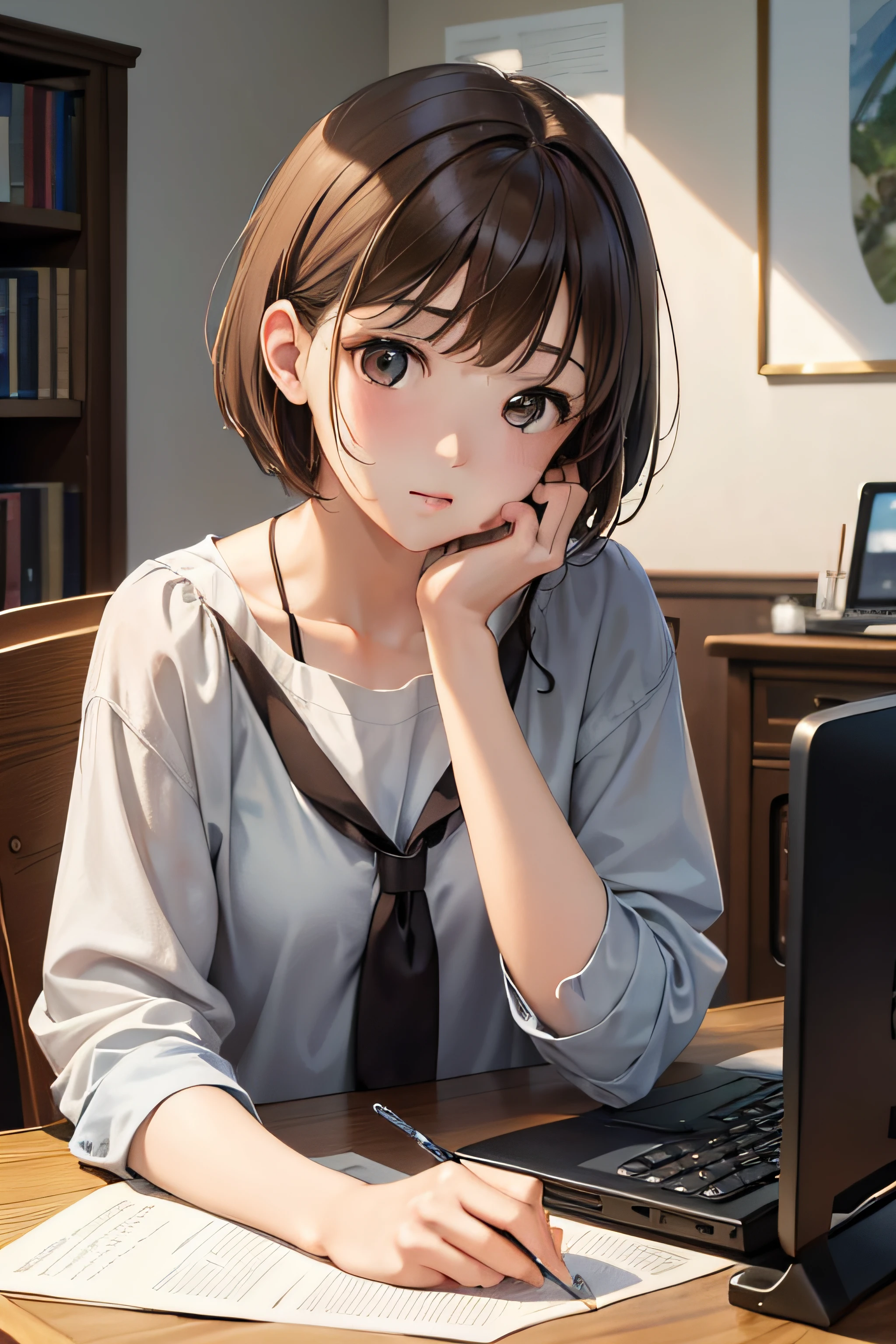 ​masterpiece、top-quality、Very Detailed Masterpiece、hight resolution、8K、The upper part of the body、Brown hair、Shorthair、summer clothing、Background painting、Ghibli style、a room、personal computers、Staring at your computer screen、Girl sitting on chair and studying at desk、a beauty girl、hi-school girl