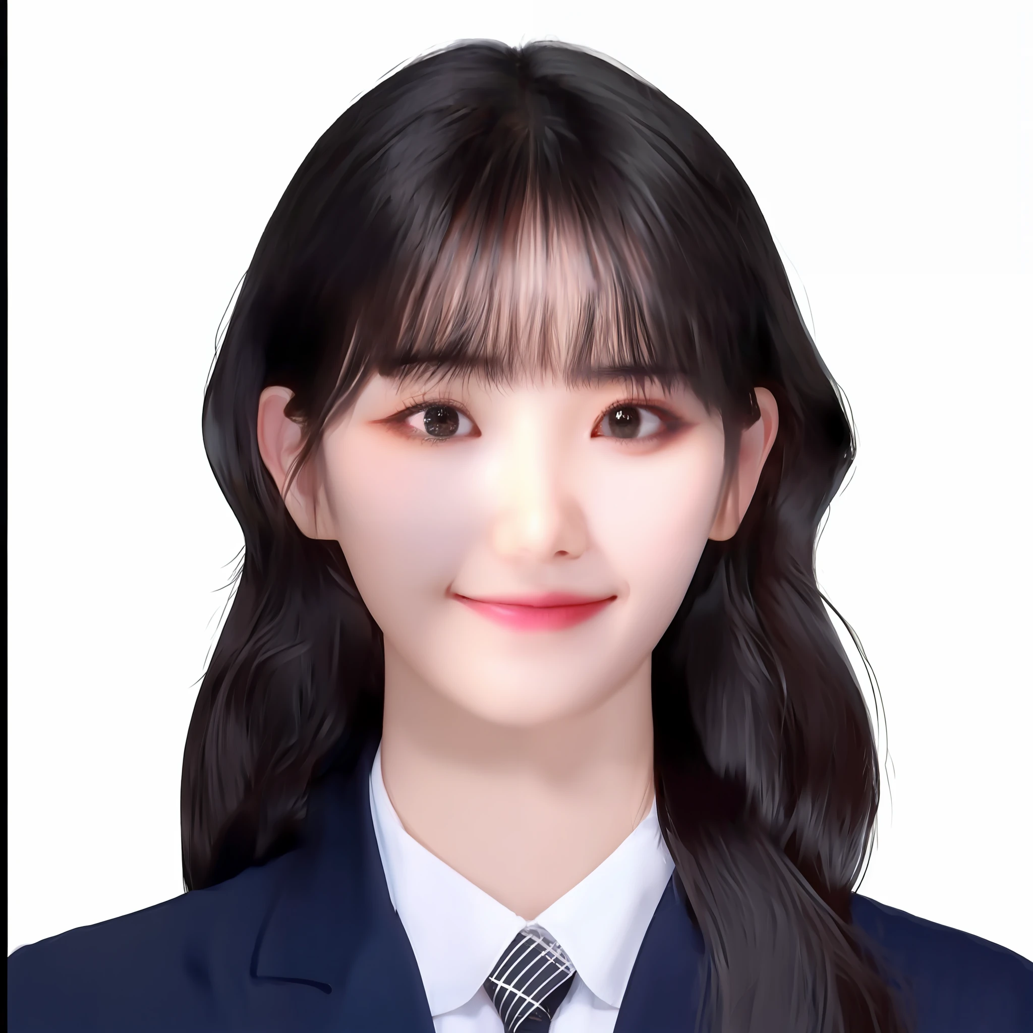 she has black hair with bangs, Single head single portrait, korean symmetrical face, Blunt bangs fall on her forehead, It only has a few hairs,