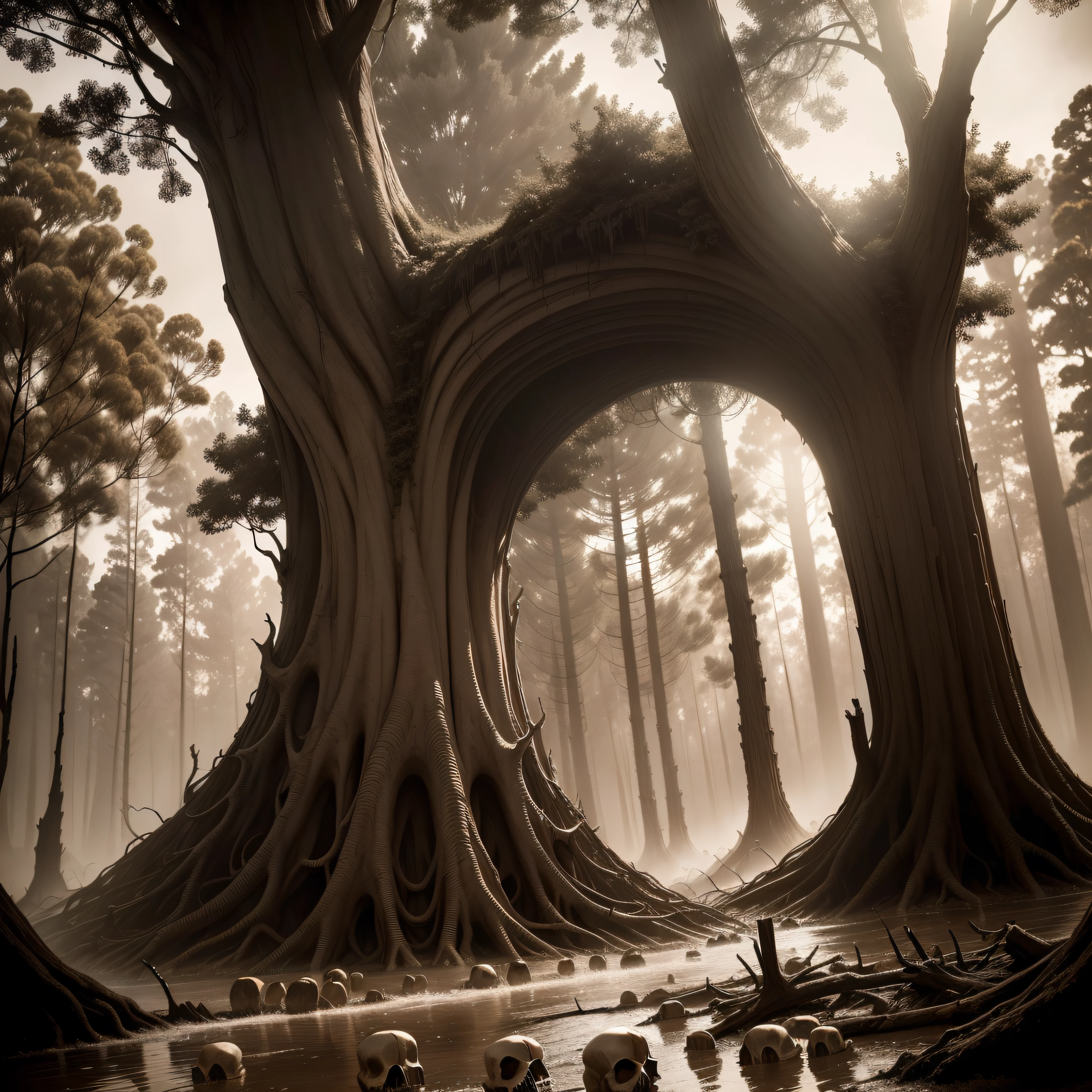 (extremadamente detallado, obra maestra, La mejor calidad, Tono sepia) bosque enorme, Skulls come out of tree trunks, Flooding, ruinas. Daytime Lighting.