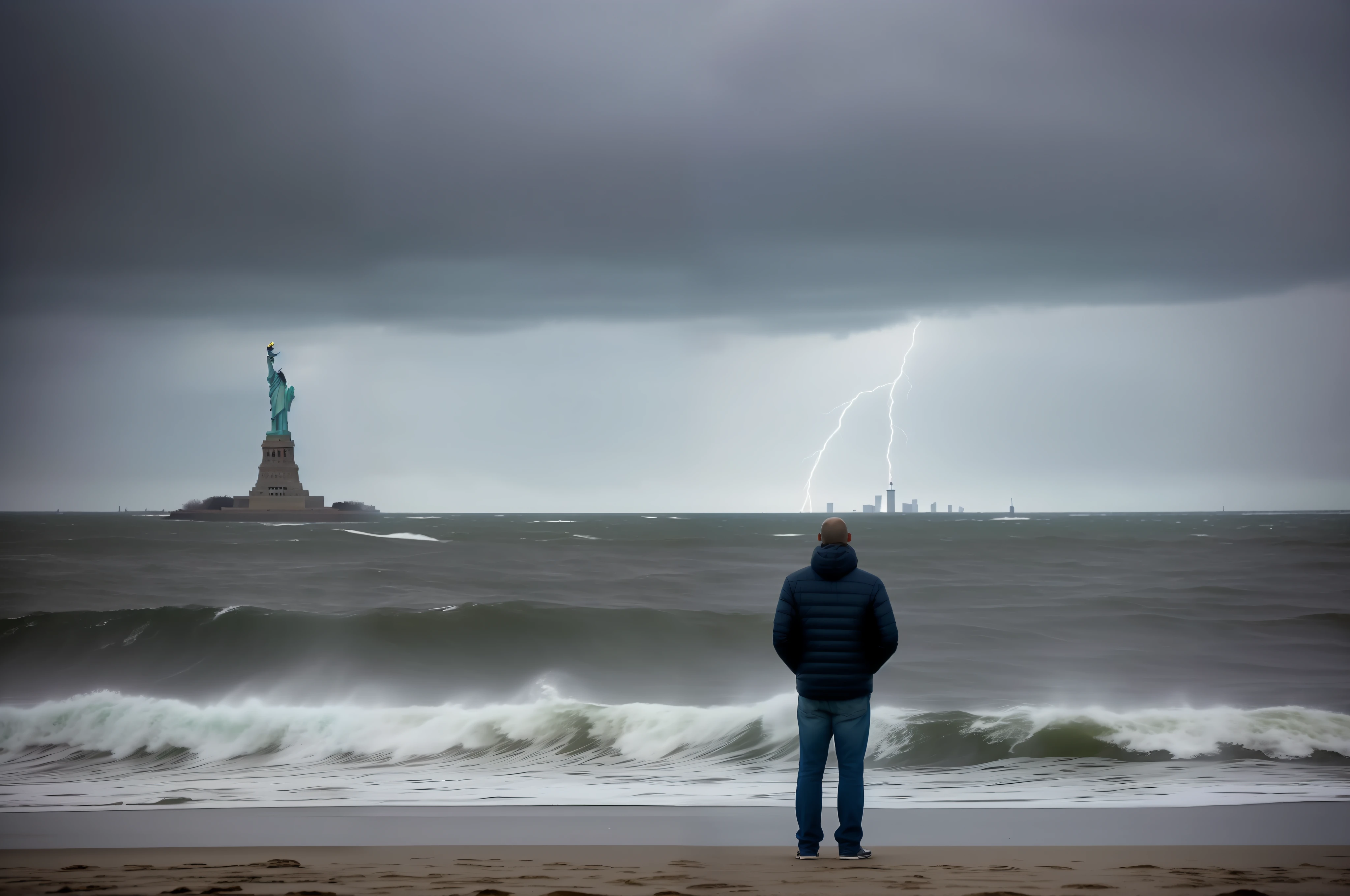 Arafeld man standing on the beach looking at the Statue of Liberty, the sea and storms behind him, Against the wind and waves, standing in a maelstrom, during a storm, a person standing in front of a, Located in the heart of New York City, looking at the ocean, The Statue of Liberty is clearly detailed，statue of liberty at left，The overall effect adds detail，Increase the resolution，Achieve 8K HD。