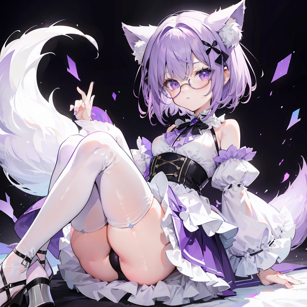 short detailed hair,Fluffy light purple,Wear a white and purple fluffy skirt,It has purple fox ears,Black extra-thick-rimmed glasses,Wearing knee-length white silk,panties visible, This is a cute li girl