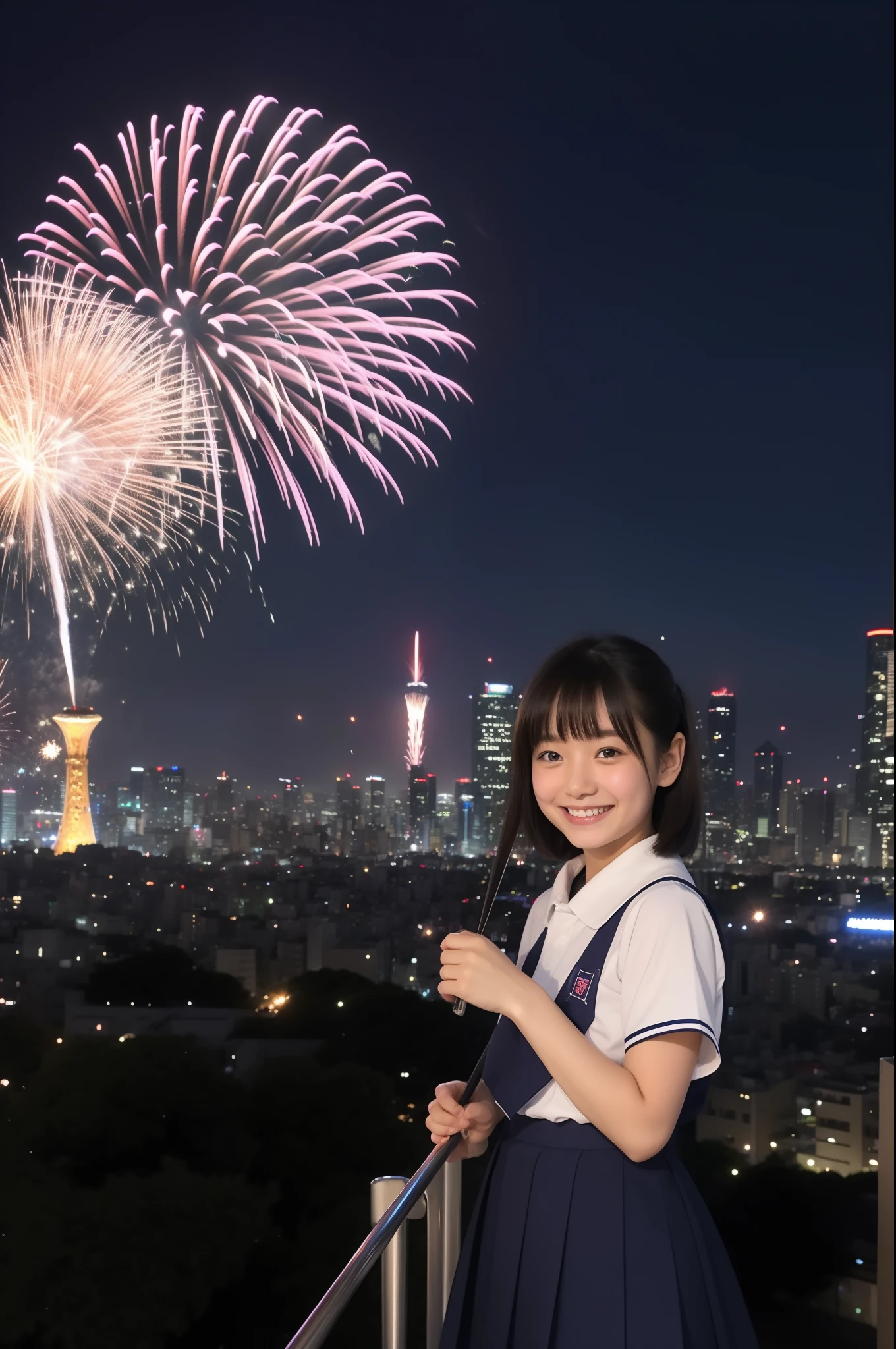 A smile、hi-school girl、校服、While doing fireworks、mare、Tokyo Skytree