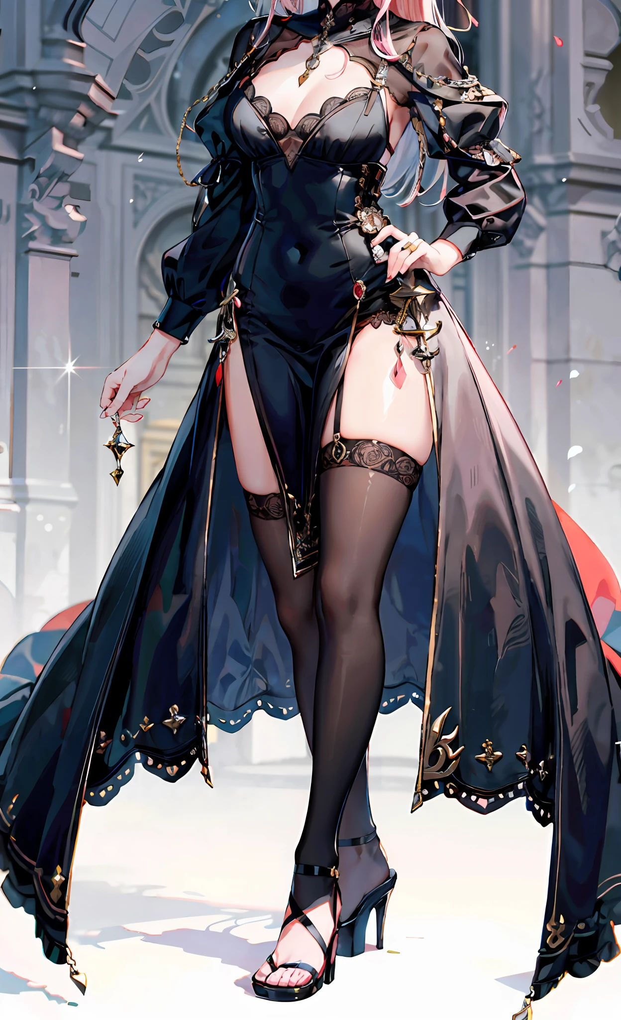 (Complete head:1.9),meticulous portrayal of face,1 noblewoman,a matural female,Black dress long dress,(black lence stockings+),heeled sandals,(Black stocking feet),Pink White Long Hair,Prom background, Perfect body, s the perfect face, perfect hand, Perfect Finger, Perfect lips, perfect eyes, Perfect background