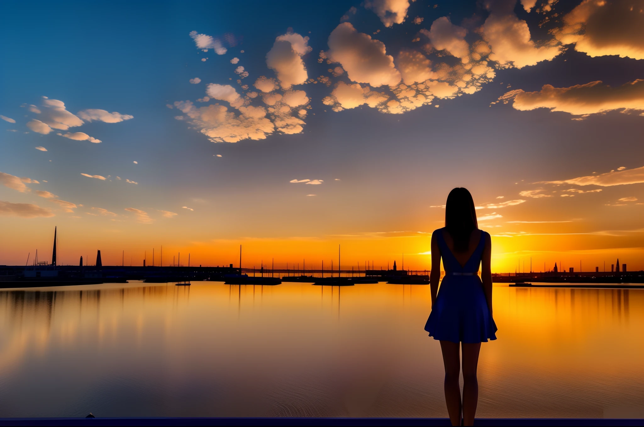 Detailed Silhouette of a beautiful young woman watching the iridescent colored sunset, night view, RAW photo, Unreal Engine, Octane Rendering, Ultra High Quality, Ultra High Resolution, Surreal, Color Correct, Good Lighting Settings, Good Composition, Sharp Edges, Harmonious Composition, Ultra Precision, Masterpiece, Award-winning work