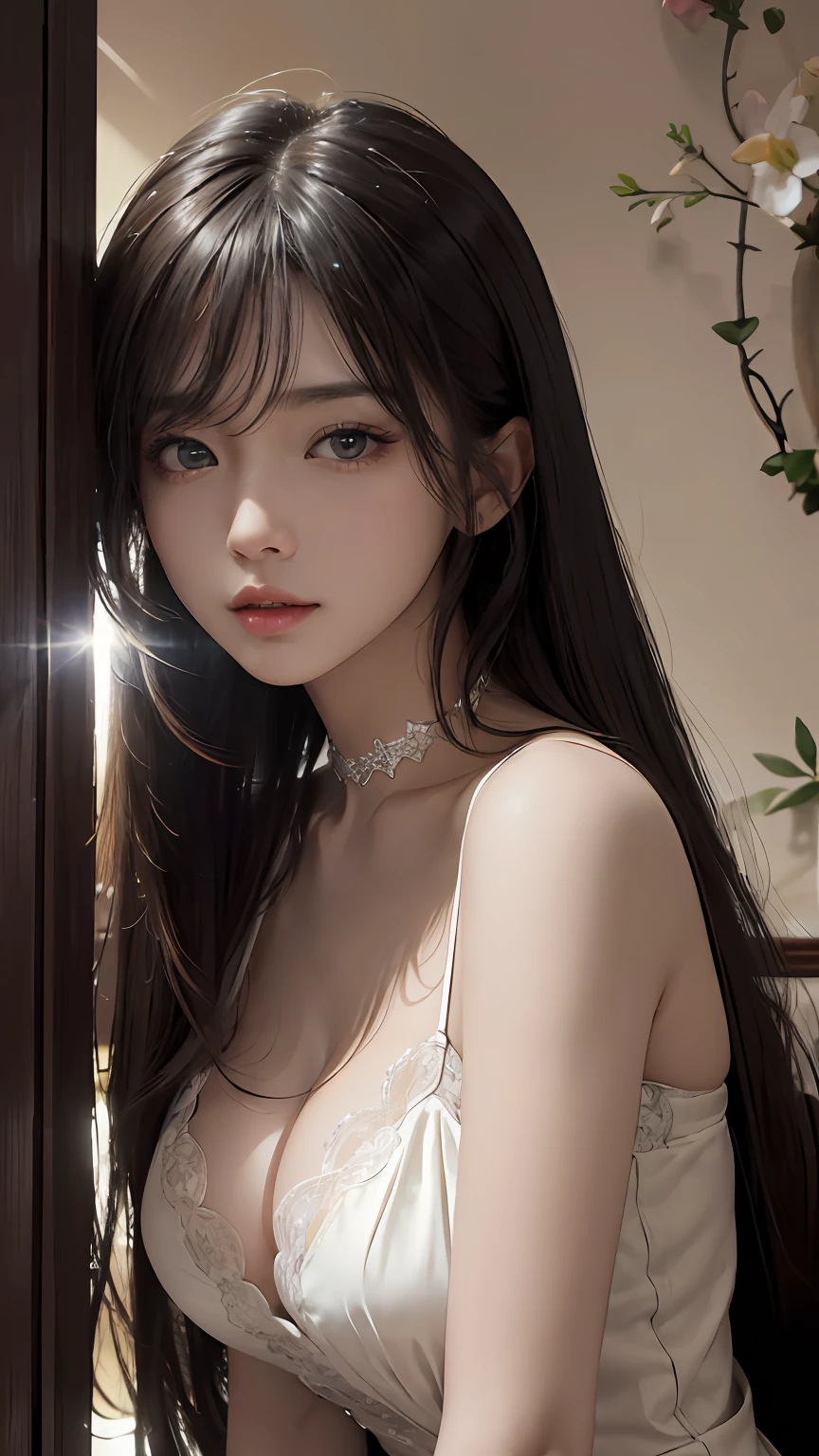 (Hyper-realistic) , (illustratio), (Increase the resolution), (8K), (extremely detaile), (Most Best Illustration), (美丽细致的眼睛), (best qualtiy), (ultra - detailed), (tmasterpiece), ( the wallpaper), (详细的脸), 独奏,1个Giant Breast Girl, looking at viewert, exquisite detailing, 详细的脸, deep shading，low tune,pureerosfaceace_V1, ssmile,long whitr hair，Black shawl straight hair，46 points oblique bangs，Best quality、tmasterpiece、A high resolution、1girll、hair adornments、choker necklace、jewely、pretty  face、Physically、Tyndall effect、realisticlying、Shadow Studio、edge lit、bicolor lighting、（highdetailskin：1.2）、8K, Ultra HD、Digital SLR、softlighting、high high quality、volumettic light、sneak shot、photore、A high resolution、4K、8K, Yes、The background is blurred out，