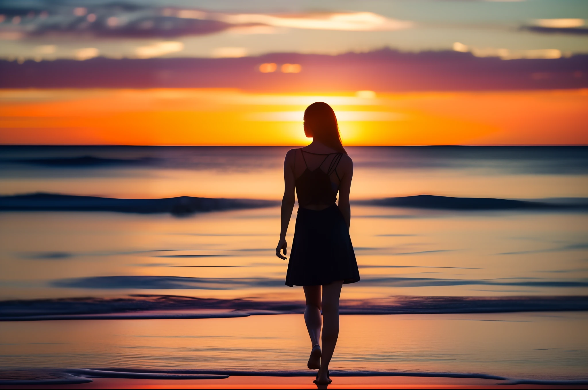 Detailed Silhouette of a beautiful young woman watching the iridescent colored sunset, night view, RAW photo, Unreal Engine, Octane Rendering, Ultra High Quality, Ultra High Resolution, Surreal, Color Correct, Good Lighting Settings, Good Composition, Sharp Edges, Harmonious Composition, Ultra Precision, Masterpiece, Award-winning work