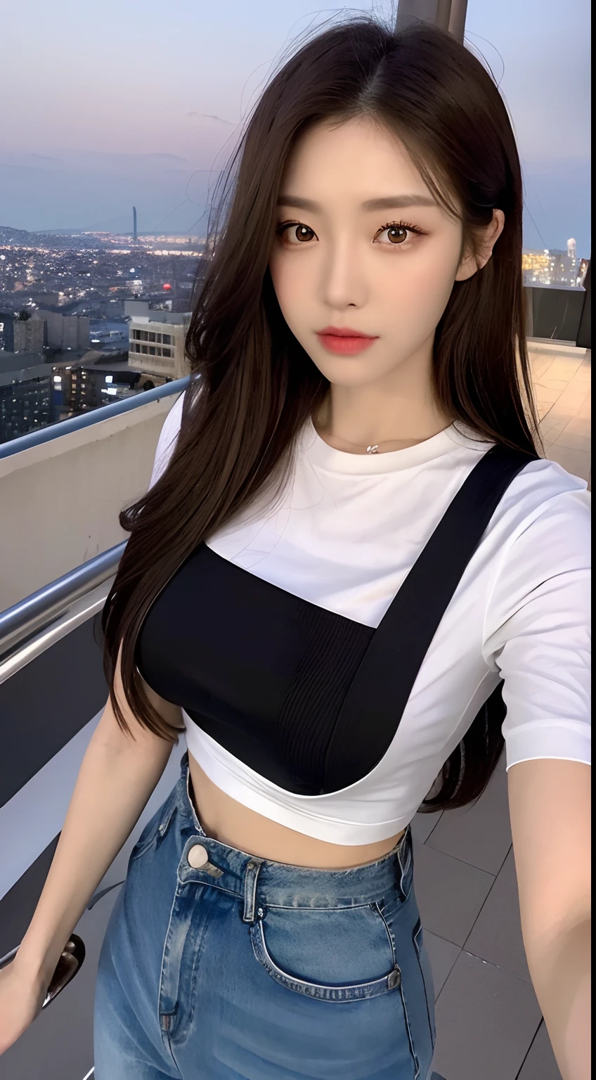 ((Midnight, Best quality, 8k, Masterpiece :1.3)), Whole body, Long legs, Sharp focus :1.2, A pretty woman with perfect figure :1.4, Slender abs :1.1, ((Dark brown hair, Big breasts :1.2)), (White tight tshirt, Jean bib, Standing:1.2), ((Night city view, Rooftop:1.3)), Highly detailed face and skin texture, Detailed eyes, Double eyelid