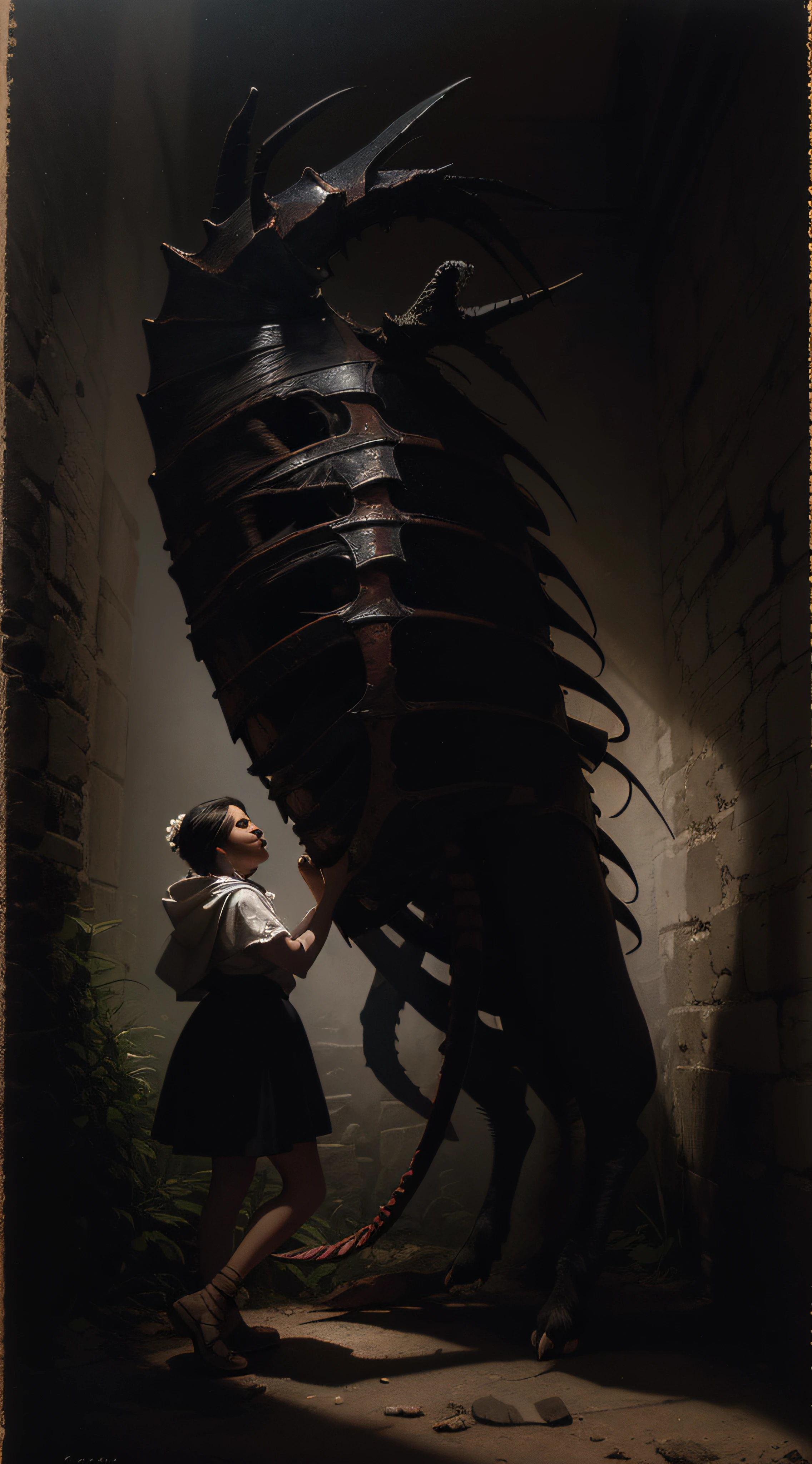 "(The best lighting, alto contraste, oscuro, dramatic),(Chica junto a una cabra negra gigante, Open the rib cage, autopsia, caldero con huesos humanos, sangre por las paredes),Luz Caravaggio"
